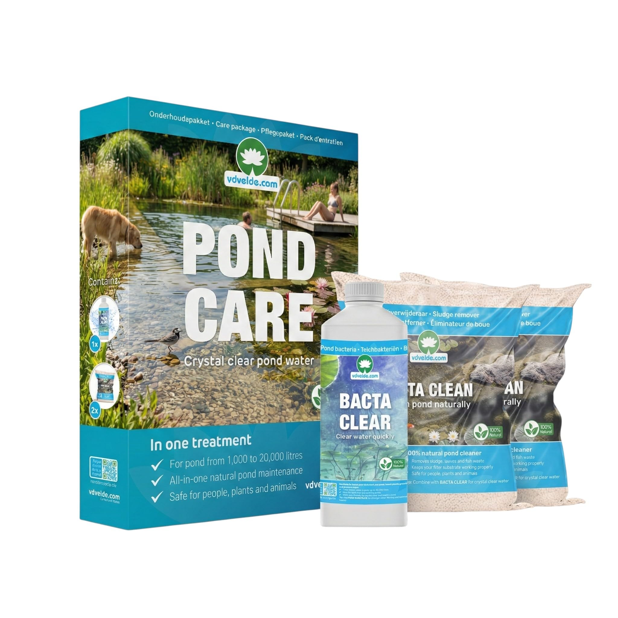 vdvelde․com - Pond Care Set de Tratamiento para Estanque, Paquete Completo con Bacterias y Eliminador de Lodo, Favorece el Equilibrio del Agua y Reducción de Lodo, para Estanques 1.000-20.000L