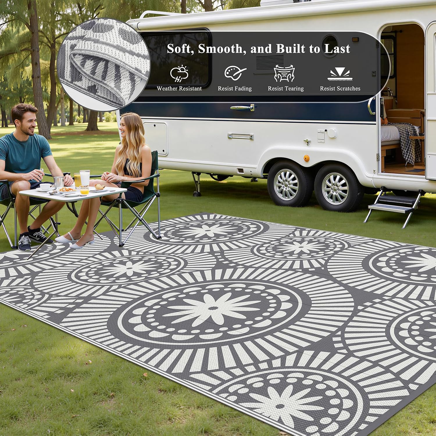  Outdoor Patio Rug Waterproof, Reversible Plastic Straw Mat, Grey Geometric Outside Carpet Quick Dry, Portable Area Rug for Deck Porch Balcony Camping RV (6×9 ft) thumbnail