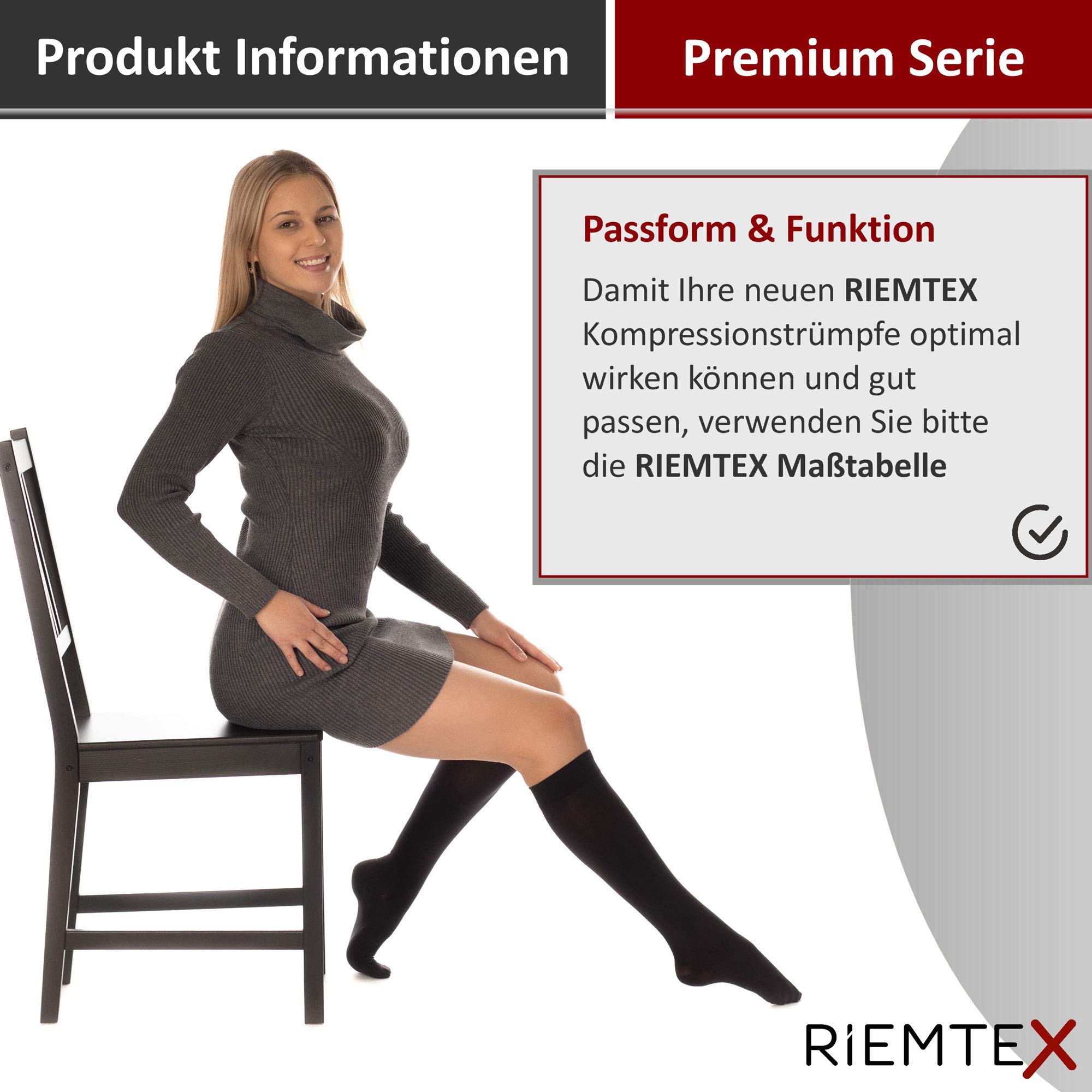 RIEMTEX medizinische Kompressionsstrümpfe Klasse 2 CCL2 23-32 mmHg Wadenstrümpfe für Damen Geschlossene Spitze PREMIUM Serie 3211a (Größe 5, Schwarz)