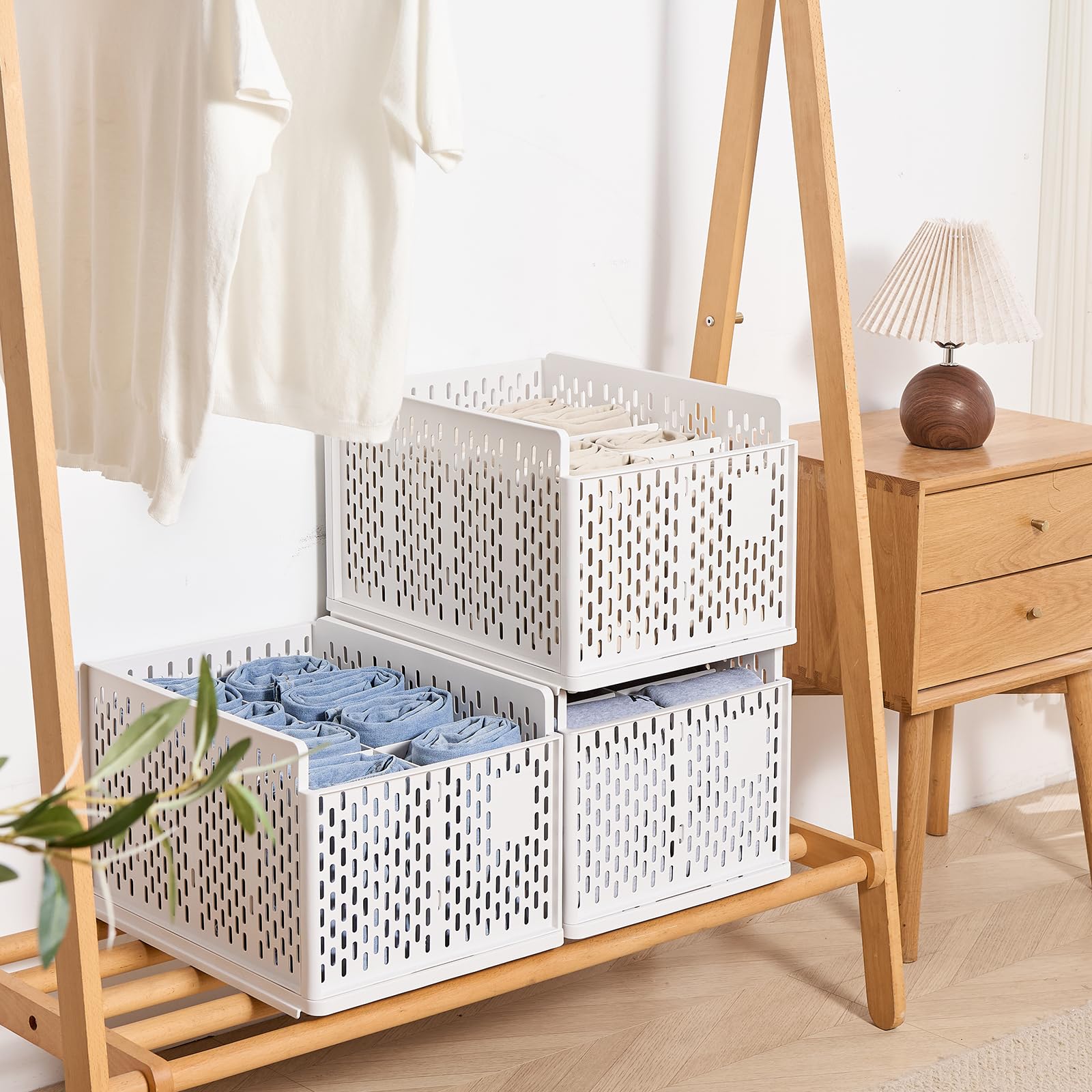 RMAN 2 Pezzi Organizer Armadio per Jeans, Pieghevole Organizer Armadio Interno Impilabile e Robusto Contenitori per Armadio Salvaspazio per Pantaloni, T-shirt, Cravatta, 16 scomparti, Bianco