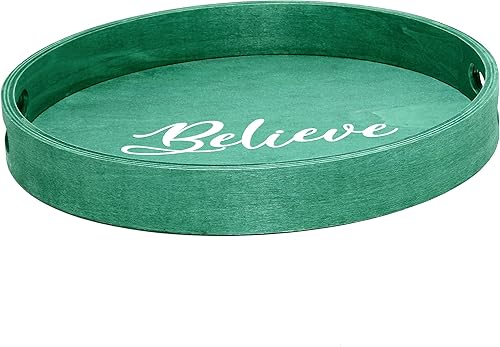 Elegant Designs HG2013-GBL Bandeja de Servir Redonda de Madera Decorativa de Navidad de 13.75'' con Asas, Verde Believe