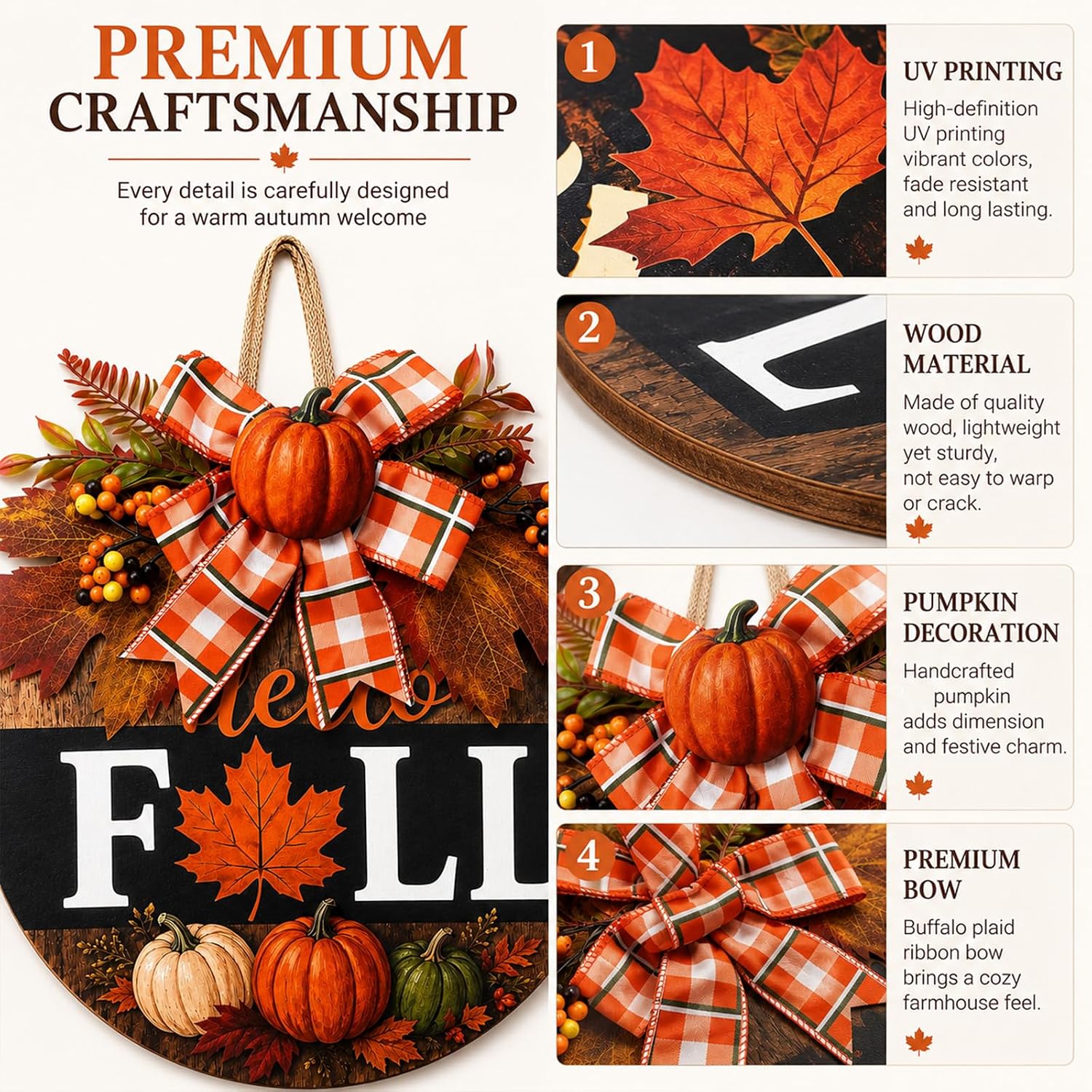 Fall Wreaths for Front Door, Thanksgiving Harvest Pumpkin Autumn Decor Sign (Hello Fall Maple)