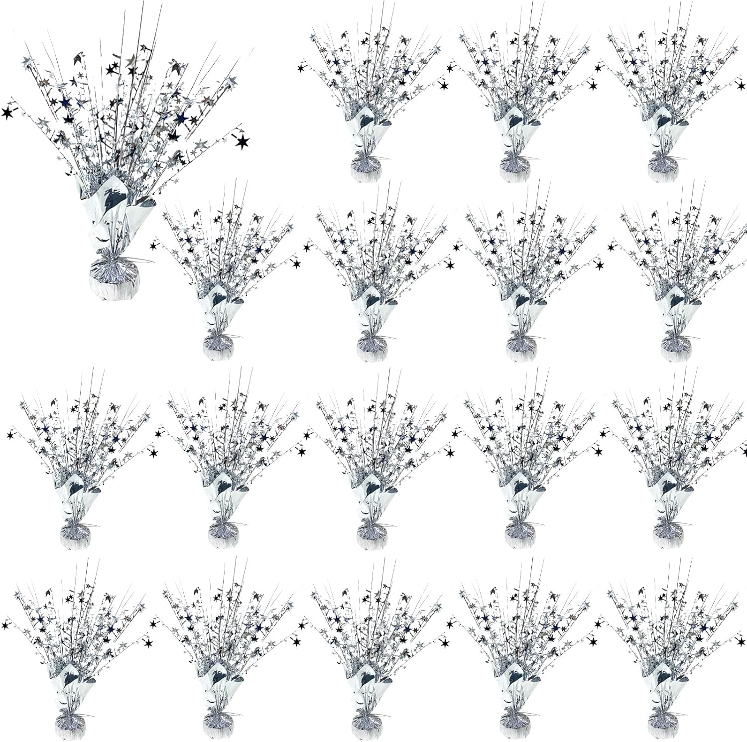 18 Pack Metallic Foil Spray Centerpiece Star Table Decoration Burst Glitter Tabletop Centerpieces for Birthday Christmas New Years Nye Wedding Graduation Holiday Party Supplies Decor, Silver