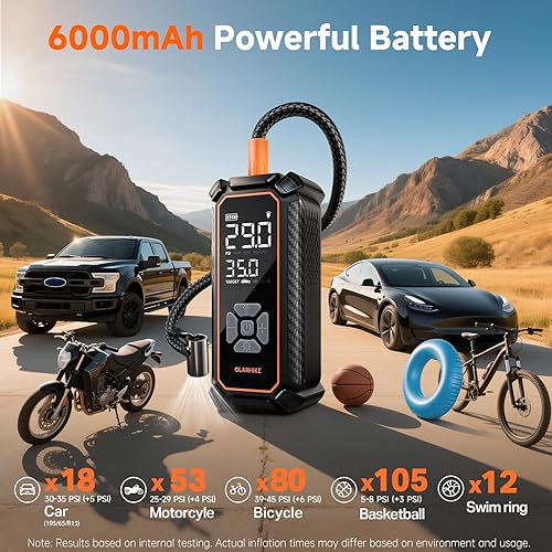 Miniatura 4 de OlarHike Inflador de neumáticos inalámbrico, compresor de aire portátil, 150 PSI de doble potencia, 6000 mAh y 12 V CC, bomba de aire para