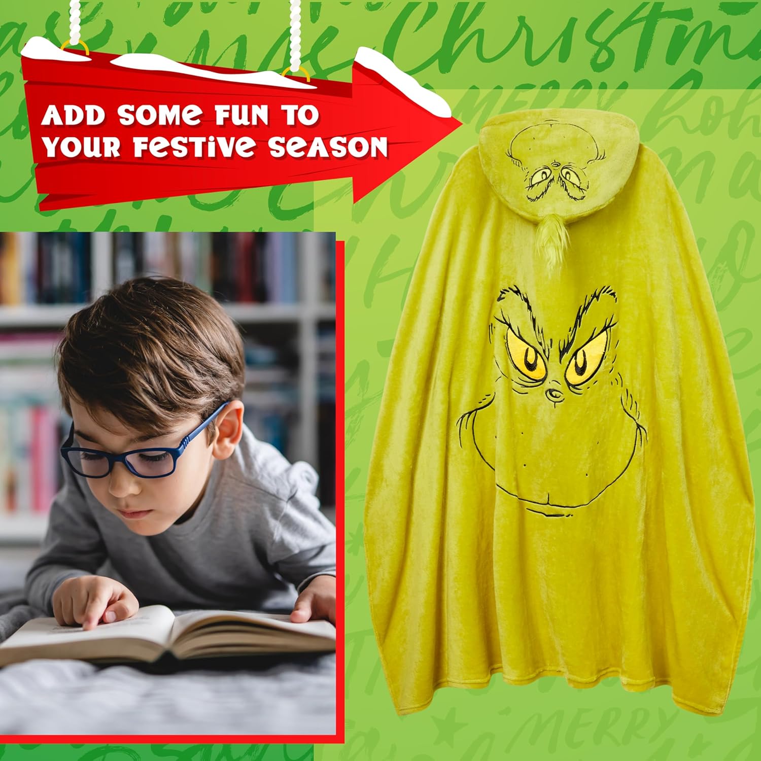 The Grinch Hooded Wearable Blanket, Soft Hooded Fleece Christmas Throw Blanket, Warm Cozy & Lightweight Loungewear Throw, Secret Santa Xmas Gifts (Green Hood)