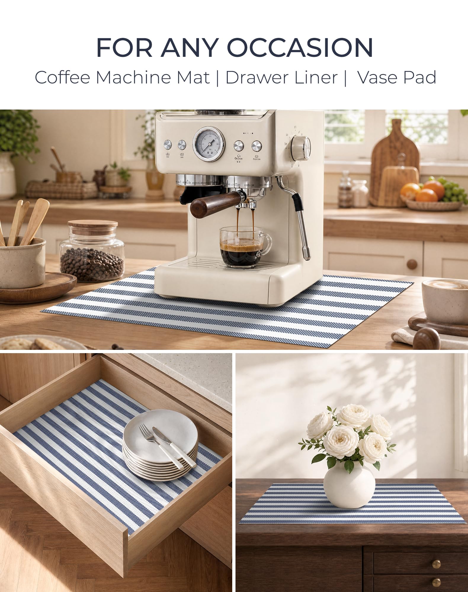 Leetaltree Lot de 8 sets de table en vinyle tissé à rayures bleues et | Sets de table faciles à nettoyer, imperméables, résistants à la chaleur, faciles à nettoyer, adaptés pour une utilisation en