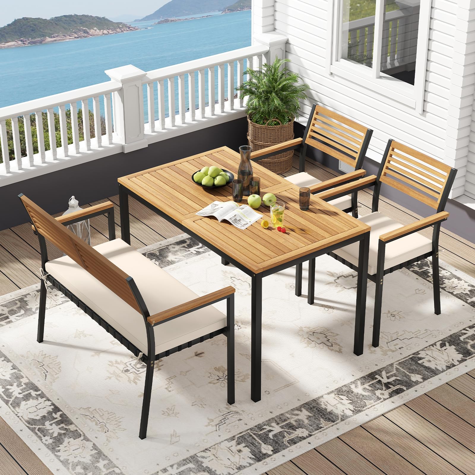 COSTWAY Gartenmöbel Set, Terrassenmöbel inkl. Gartentisch mit Schirmloch, Sitzbank & 2 stapelbare Gartenstühle mit Kissen, Sitzgruppe für 4 Personen, Gartengarnitur, Sitzgarnitur, Outdoor Essgruppe