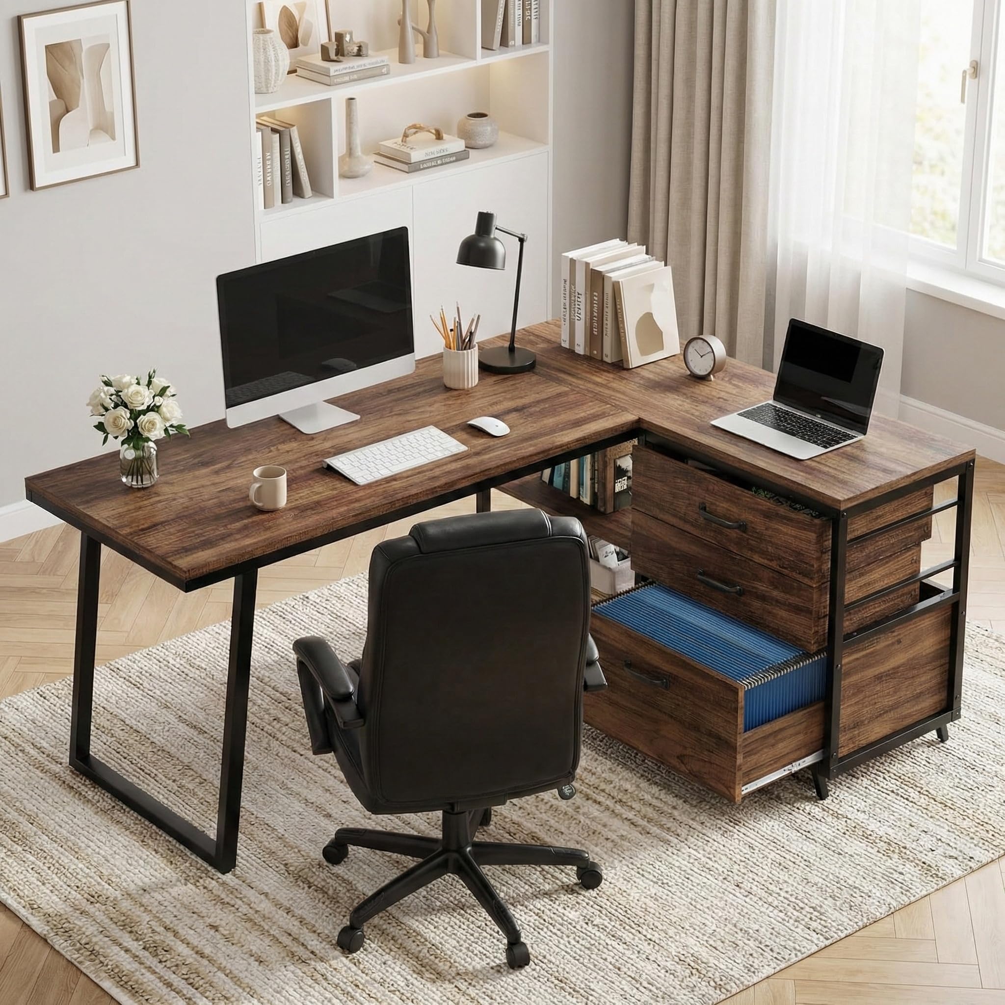 Lailang 134cm Scrivania, Tavolo Angolare, Scrivania Con Cassetti, Scrivania In Legno, Scrivania Studio Casa, Scrittoio Vintage, 134 x 50 x 74 cm, Marrone Rustico Nero
