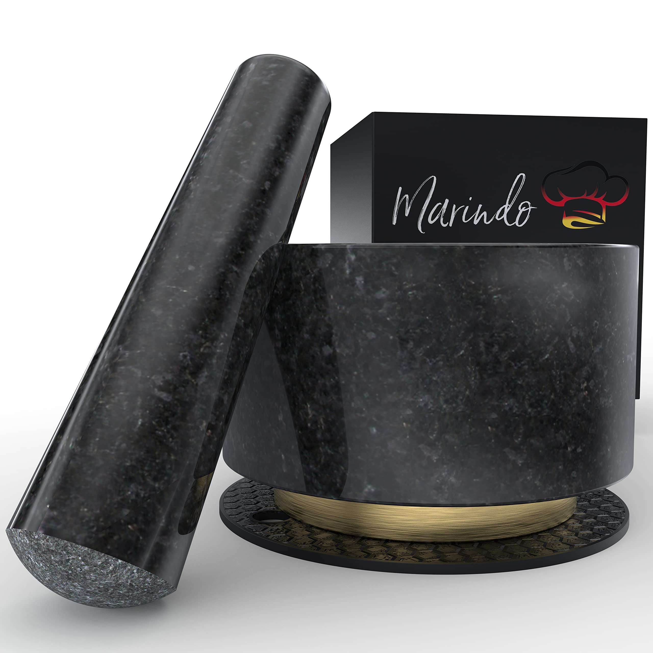 MARINDO Mortero con maja de granito natural, mortero de diseño con mortero extra largo y base de cobre revestida en oro, incluye almohadilla antideslizante e instrucciones