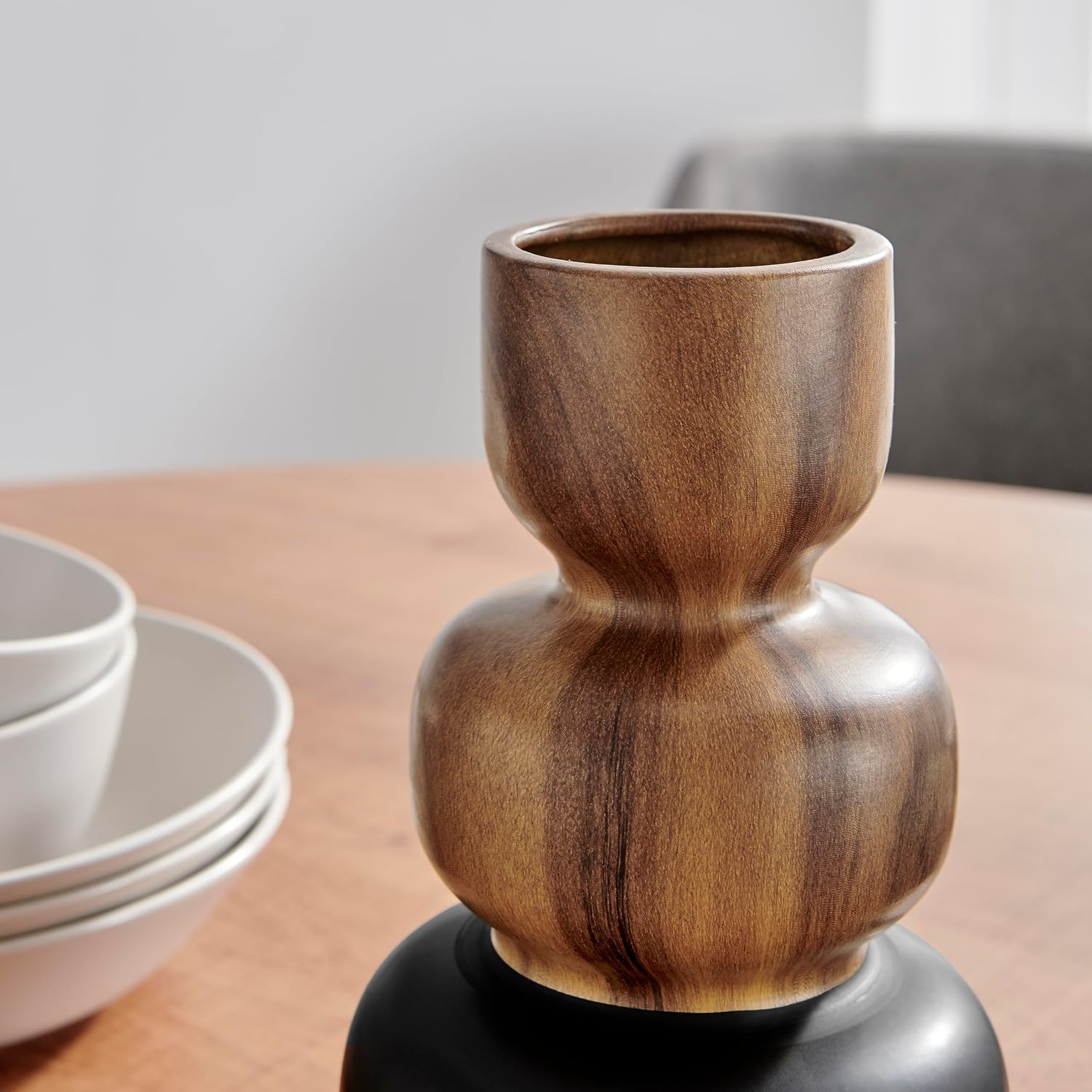 Milo Trinnet Three Tiered Stack Modern Two Tone Tabletop Vase - Black and Walnut (Small)