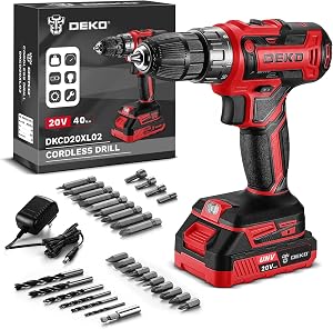 DEKOPRO 20V Cordless Drill Driver Kit - Electric Power Drill with 2 Variable Speeds, 18+1 Torque Settings, Battery & Charger - Drill Driver for Women - Red