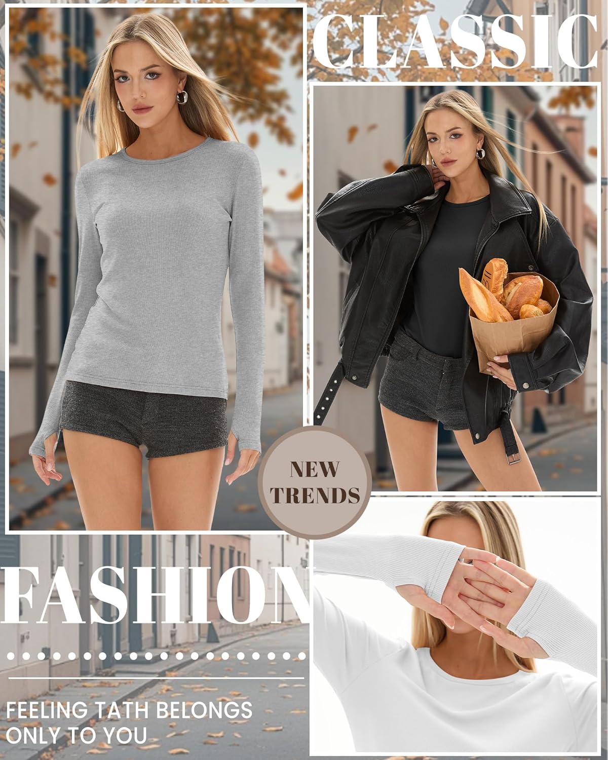 4 Pack Women's Ribbed Long Sleeve Shirts with Thumb Holes Cotton Crewneck Slim Fit Tops Knit Casual Basic T-Shirts - Image 6