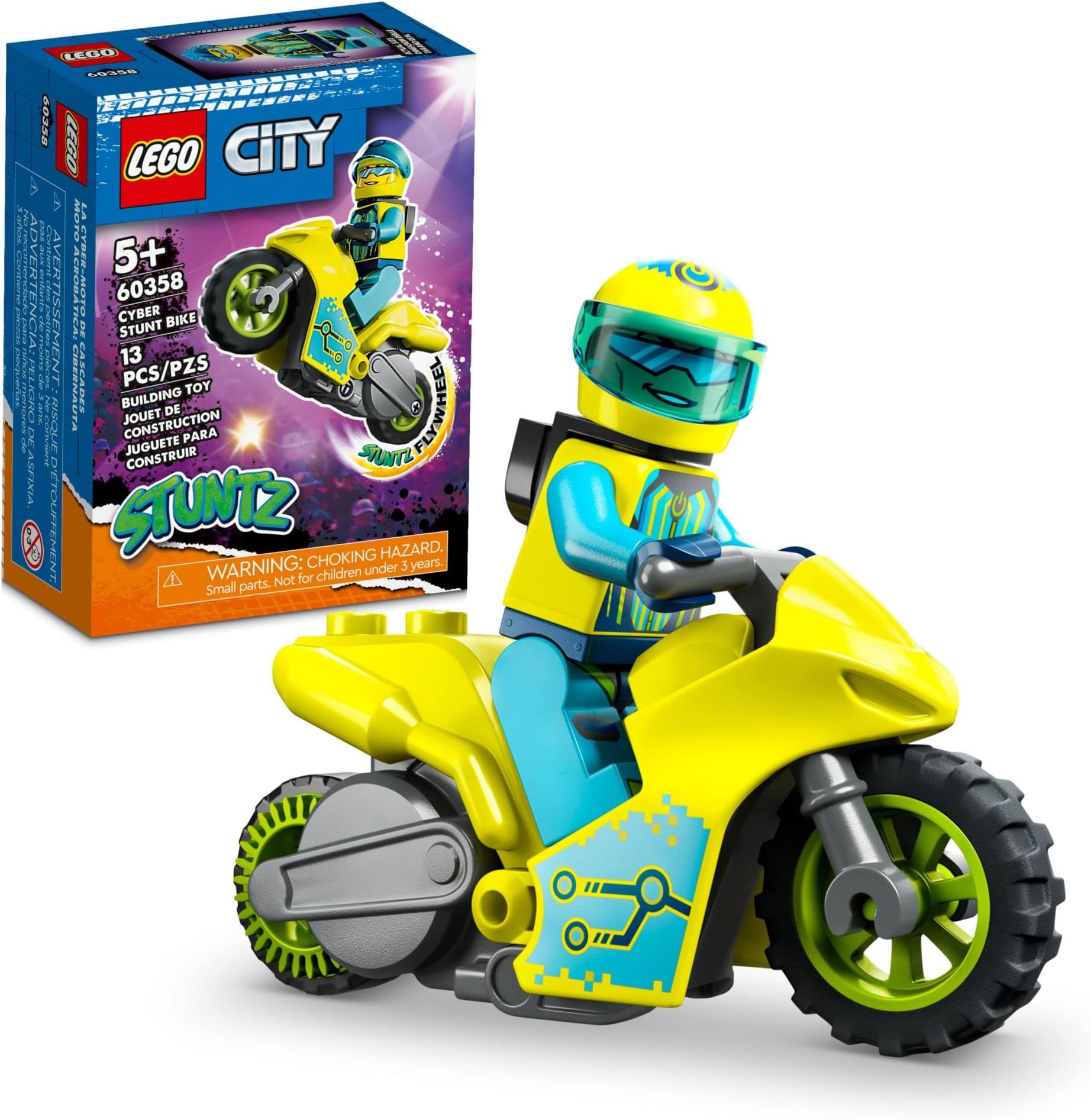 LEGO City Stuntz Cyber Stunt Bike 60358, Flywheel-Powered Motorbike Toy to Perform Jumps and Tricks, Action Toys for Boys and Girls Ages 5 Plus, Extension Set
