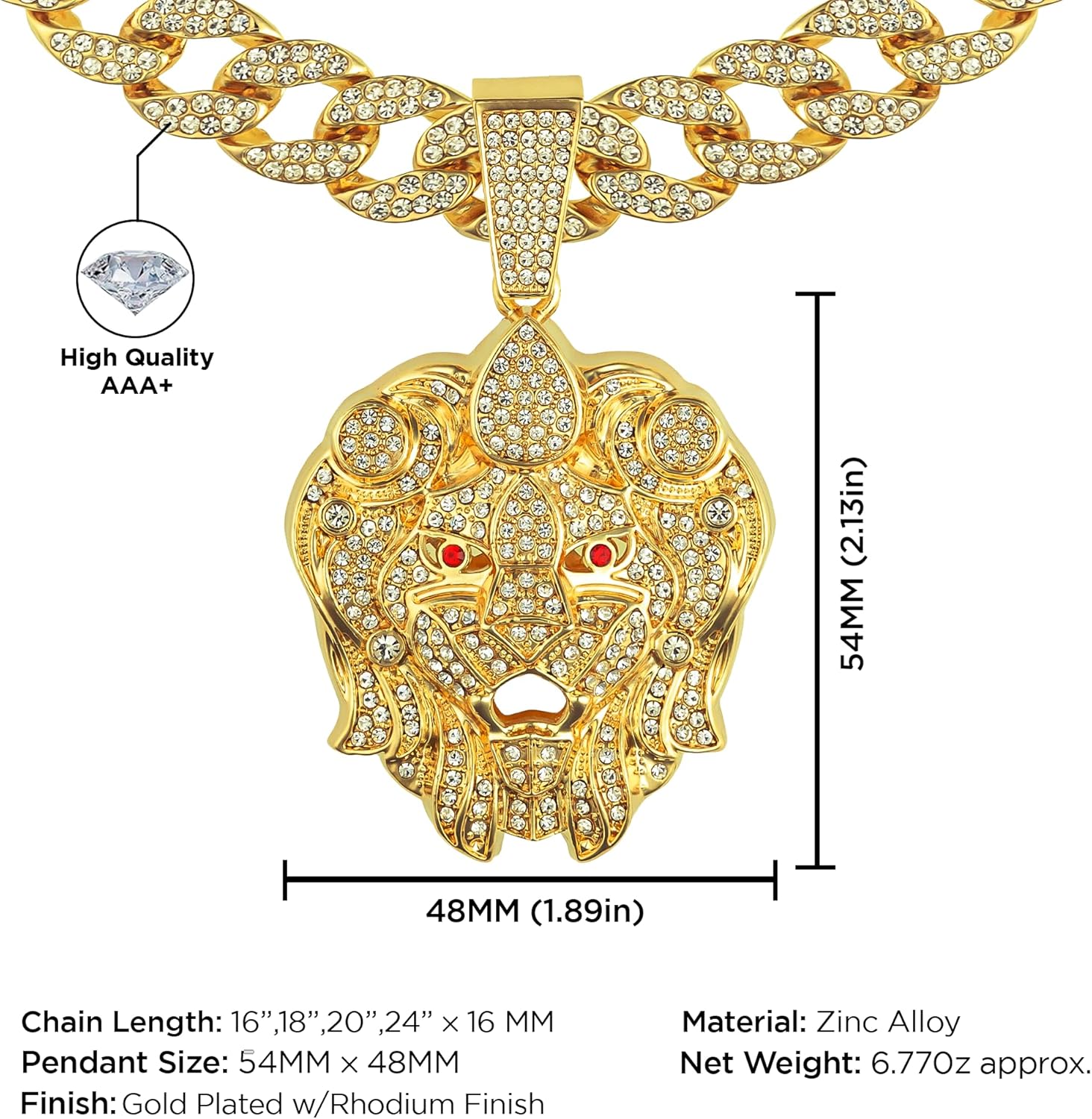 Hip Hop Fully Iced Bling-ed Out Gold Plated Jumbo Lion Head Pendant with 16" 18" 20" 24" Miami Cuban Link Necklace CZ Crystal Diamond Necklace Chain