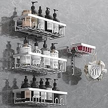 4 Pack Silver Shower Soap Holder with Hooks, Stainless Steel Adhesive Shelf, Soap Dish Without Drilling and Hanging Shower Shampoo Holder