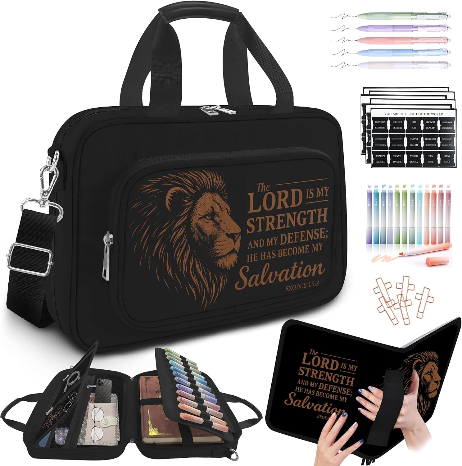 Lion Large Bible Cover Case for Men,Bible Bag for Boys,Bible Carrier,Bible Holder Organizer,The Lord is My Strength,Bible Study Supplies Journaling Kit With Highlighter,Tabs,Pen,Christian Gift
