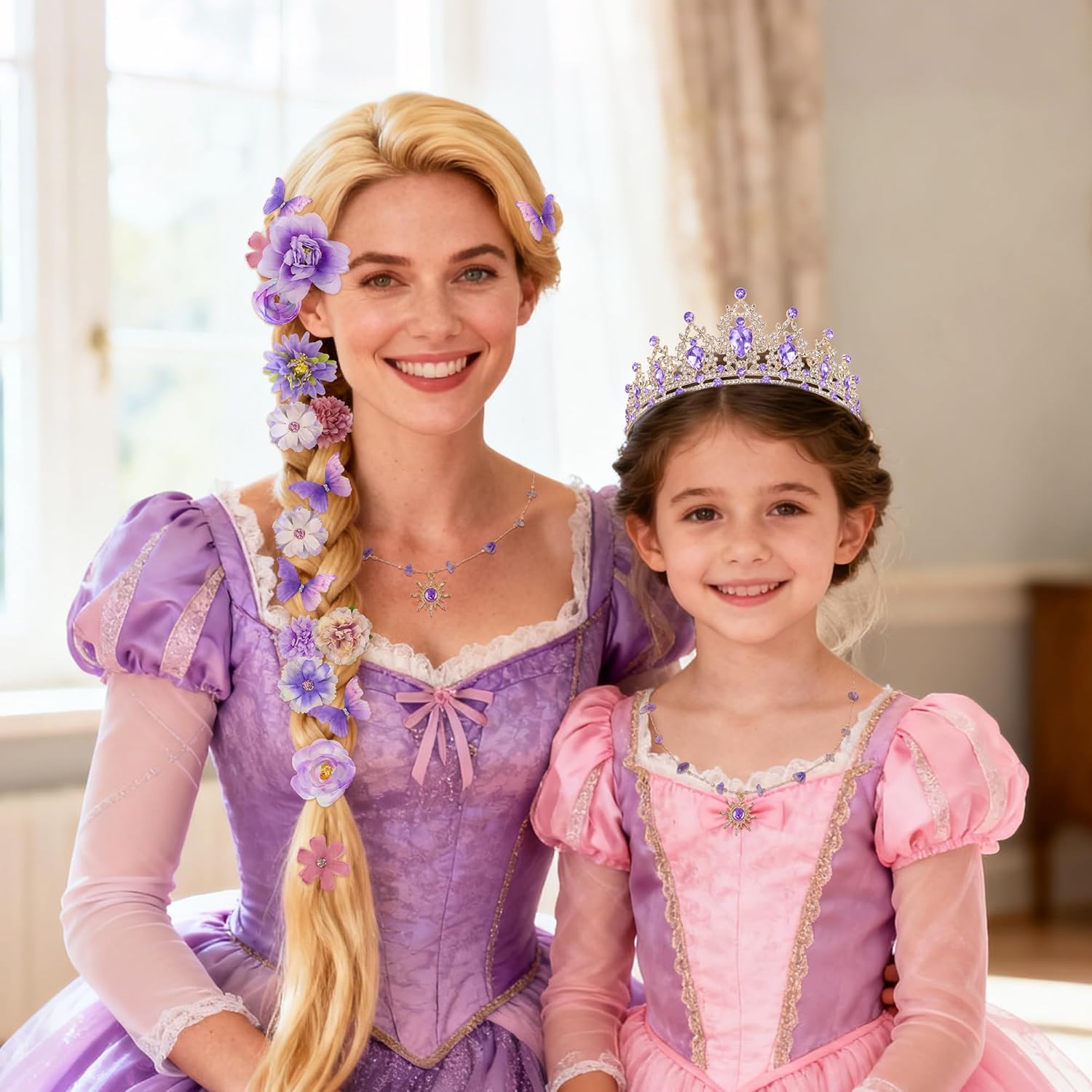 Princess Costume Accessories, Purple Crystal Tiaras Crown Sun Necklace Flower Butterfly Hairpin for Women Cosplay Halloween - Image 5