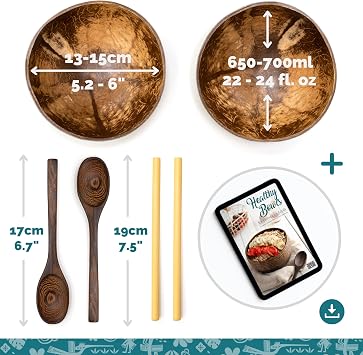 Jungle Culture 2 Polished Coconut Bowls & Wooden Spoons Set • Natural Coconut & Bamboo Straws • Smoothie & Acai Bowls • Eco Friendly Vegan Gifts