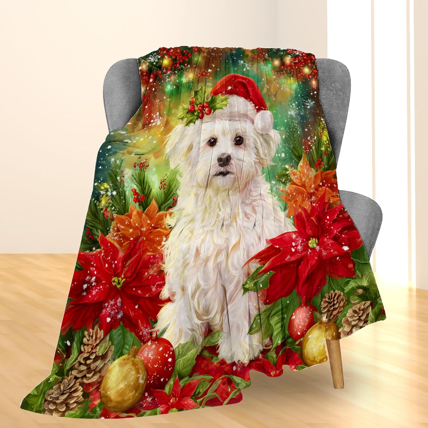 Christmas Dog Blanket, Soft Lightweight Flannel Holiday Maltese Puppy Throw Blanket for Couch, Bed, Travel & Home Decor Gifts, Cozy Warm Winter Blankets for Adults Kids Women Girls 60×50 in
