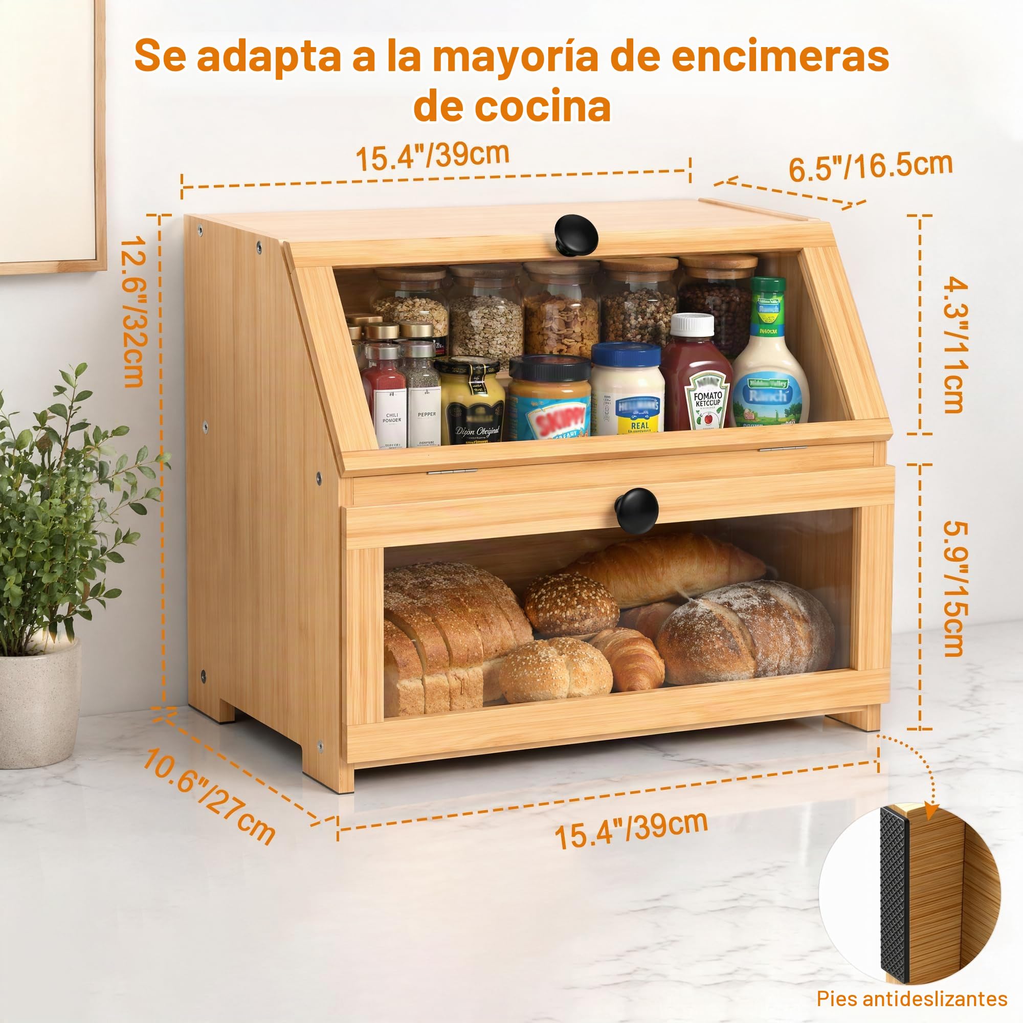 RayLove Panera de madera, panera de doble capa, gran contenedor de almacenamiento de pan para mostrador de cocina, esquina, armario, despensa, armario (Automontaje) (Color Primario)