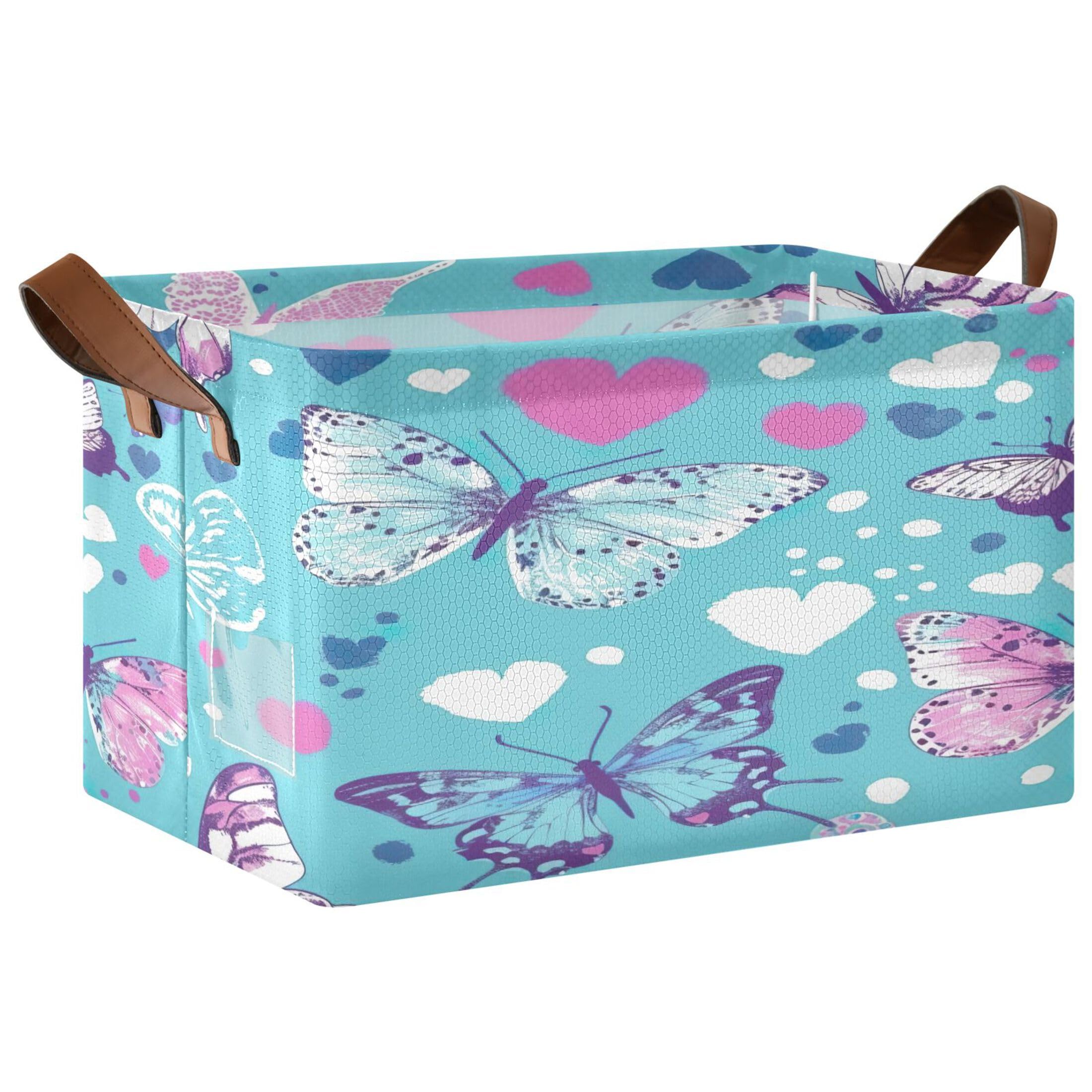 Kutsu Foldable Storage Basket Butterflies Collapsible Storage Bin with Handles for Shelves, Rectangle Basket for Home Nursery Decor, 16.9x11.4x10 in