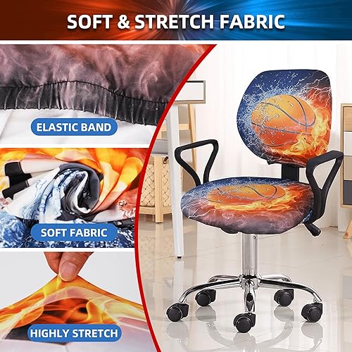 Miniatura 2 de Funda para silla de oficina con estampado de baloncesto, fundas elásticas y suaves para silla de computadora, ajuste universal, diseño dividido,