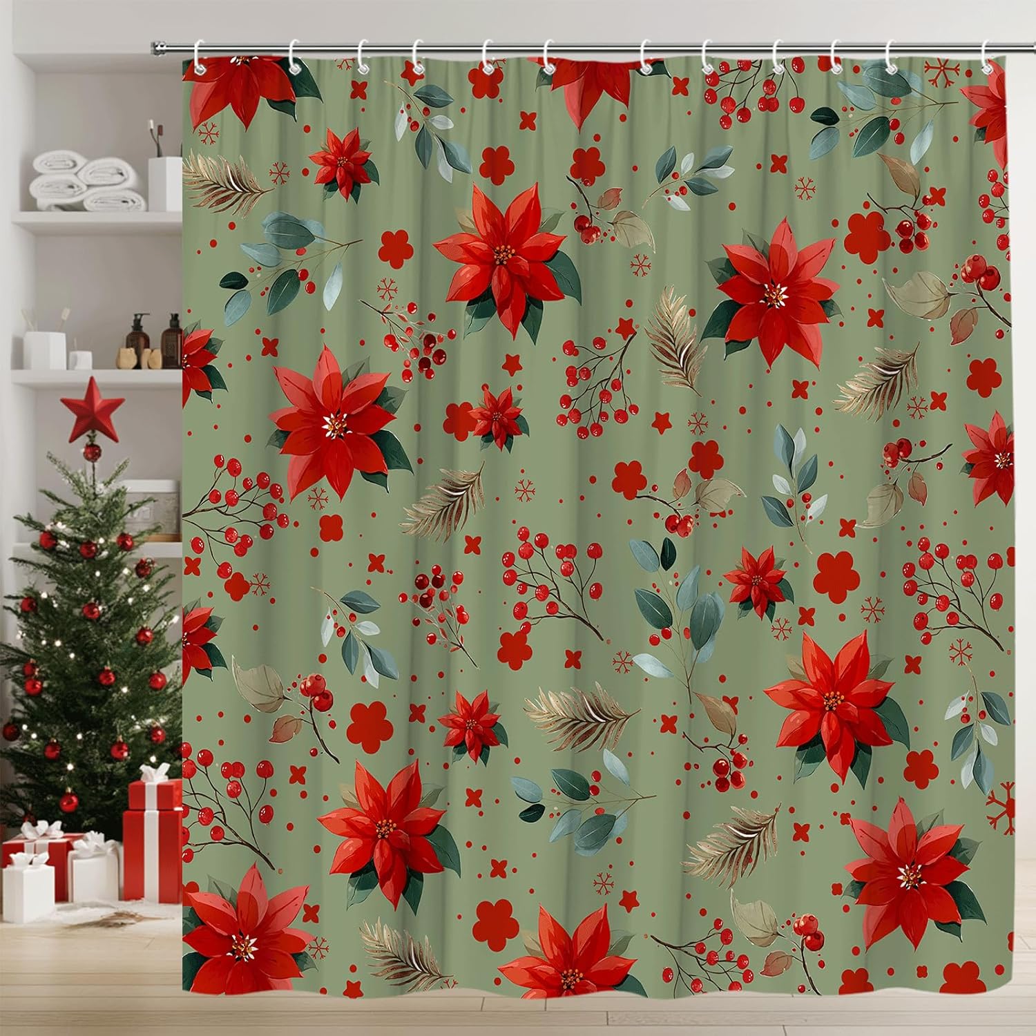 Merry Christmas Shower Curtain Red Sage Green Poinsettias Berries Winter Holiday Fabric Bathroom Decor Set Include Hooks,(70" Wx74.8 H)
