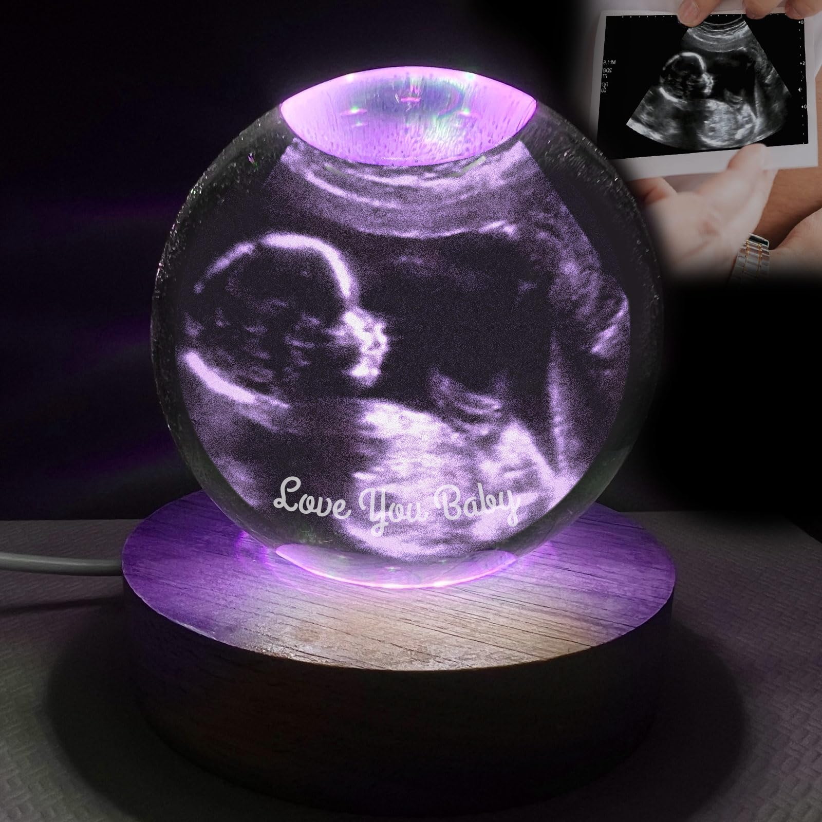 Personalized Engraved Photo Crystal Night Light - Customizable Crystal Ball with Ultrasound Photo - Comes with 7 Color LED Base - Gifts for Expectant Parents