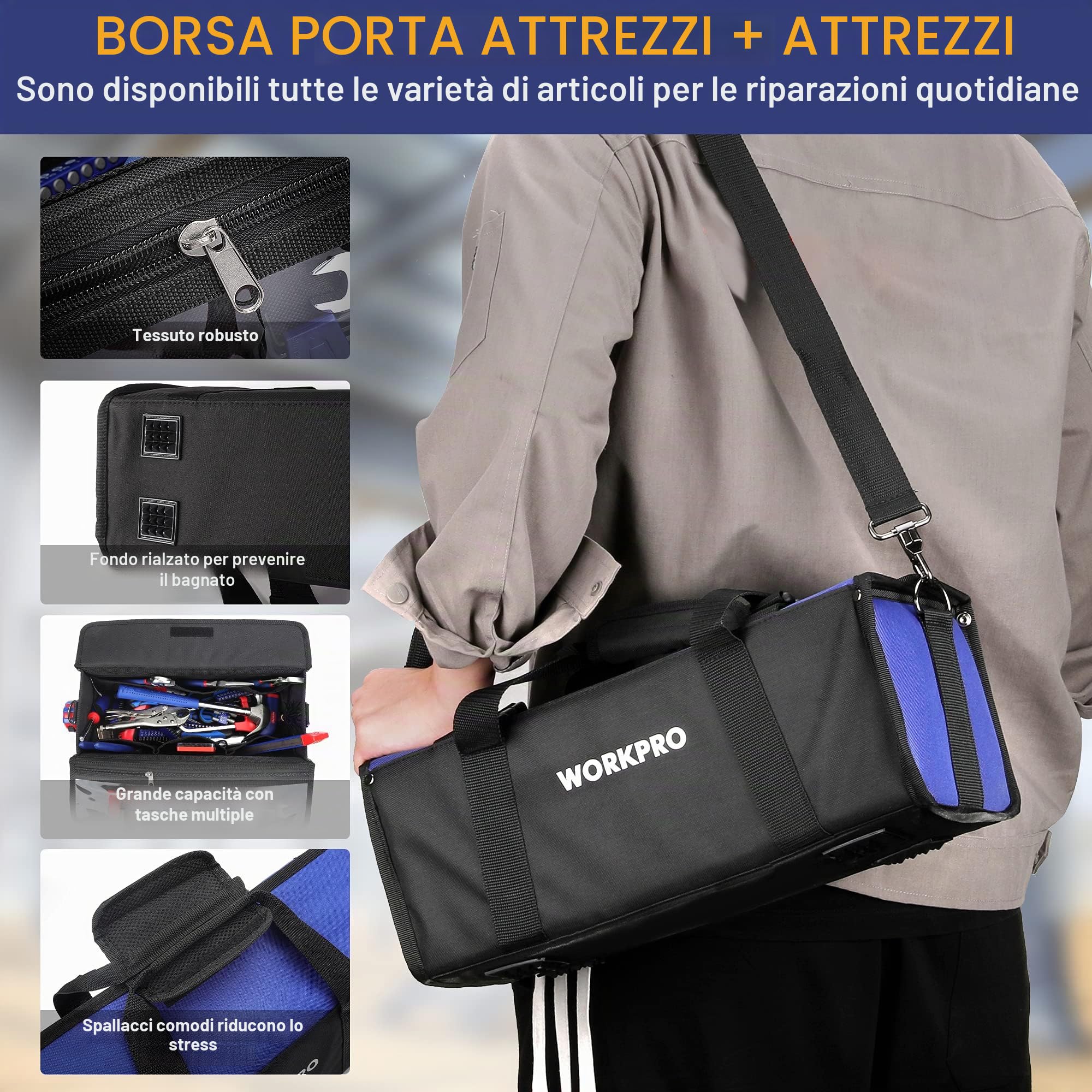 WORKPRO Set Attrezzi da Lavoro, Borsa Porta Utensili 156 Pezzi con Pinza, Chiavi Inglesi, Coltello, Chiavi Esagonali, Cacciaviti, Metro, Seghetto e Martello ecc.