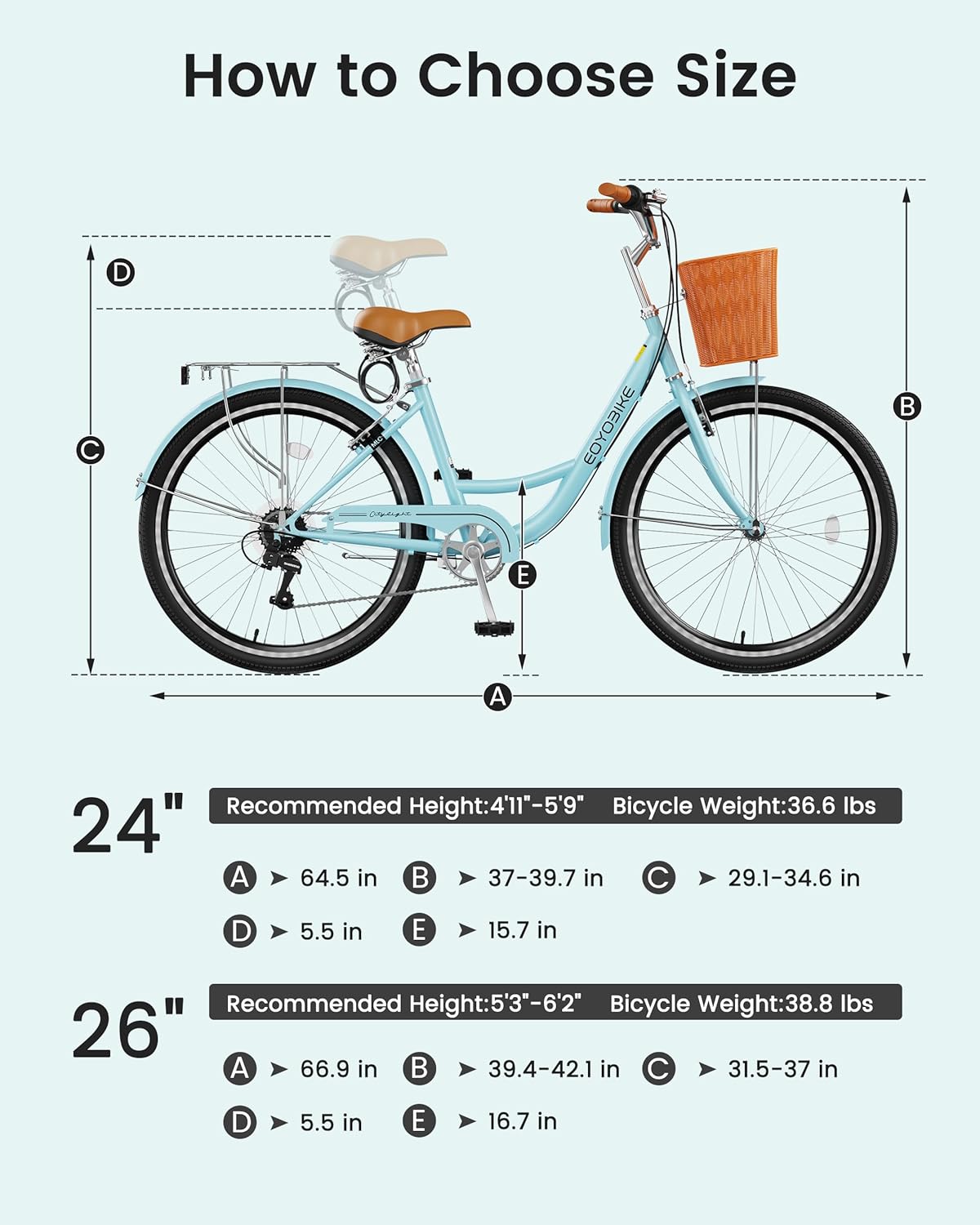MOONCOOL Womens Bike 7 Speed, 24 26 inch Beach Cruiser Bikes for Women, Step Through Adult Bicycle with Front Basket for City Commuting
