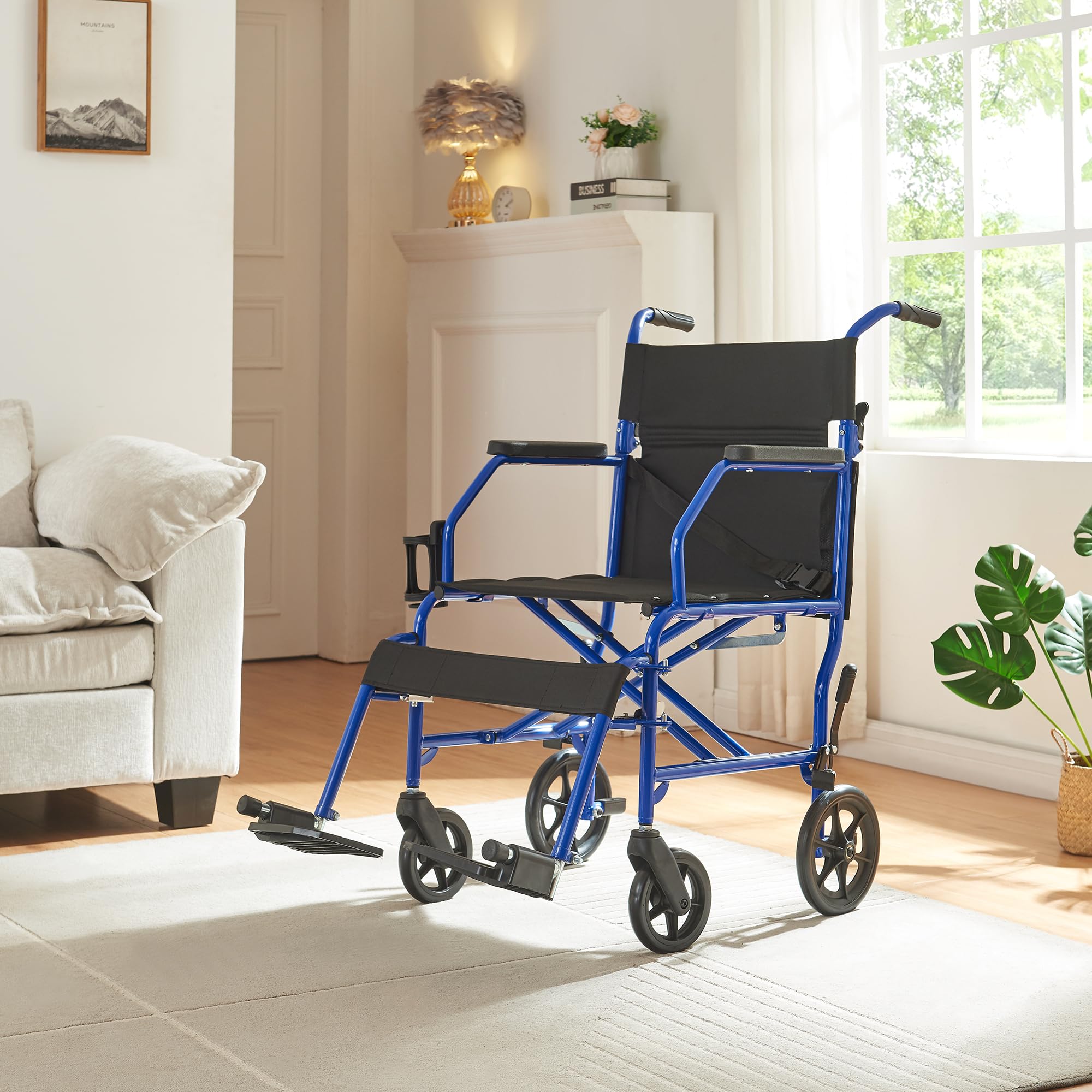 Panana Ultra Lightweight Foldable Transport Wheelchair for Adults,19-Inch Seat Width,Portable Folding Travel Wheelchair (Blue)