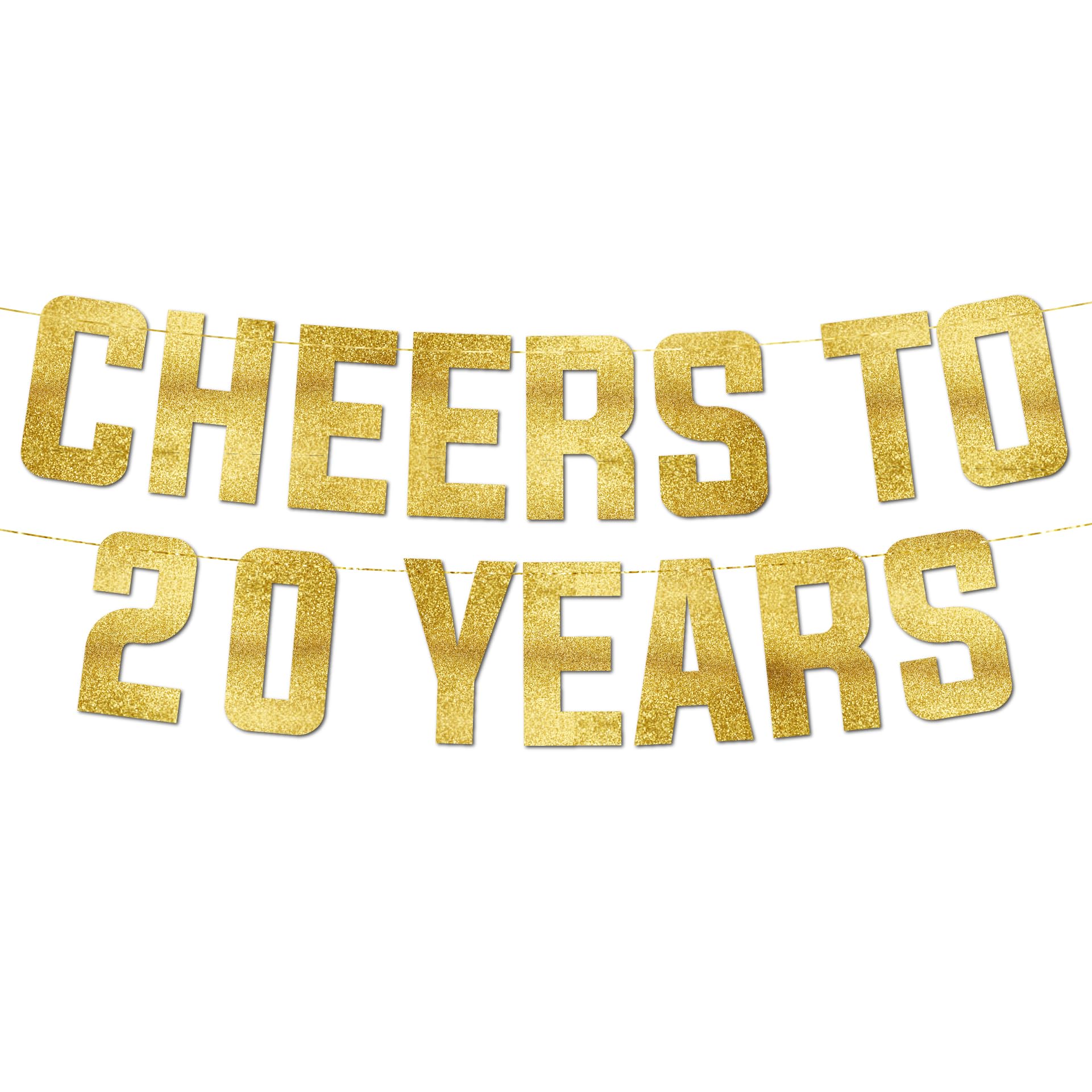 Pre-Strung Cheers to 20 Years Gold Glitter Banner - 20th Birthday and Anniversary Decorations for Men and Women - Party Supplies, Bunting Gifts and Wall Decorations