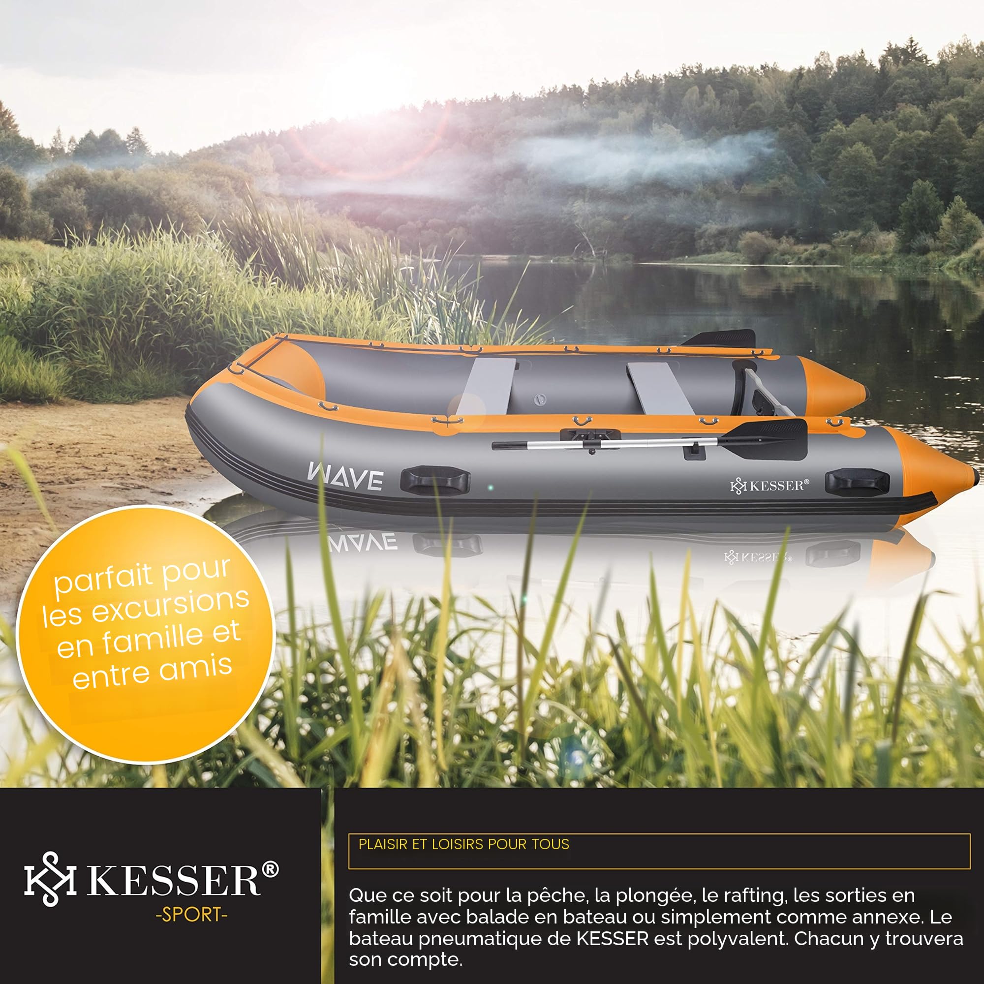 KESSER® Bateau pneumatique 3,20 m pour 4 Personnes - Wave Moteur adapté de Loisirs Bateau à pagaie/ à Moteur Bateau de pêche - avec 2 bancs - Plancher alu pagaie Pompe kit de réparation