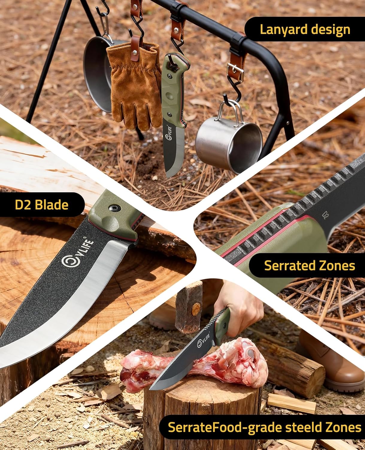 CVLIFE Full Tang Fixed Blade Knife with Sheath, Sharp 5.1'' D2 Steel Survival Knives with Ergonomic Non-Slip Handle & Multi-Angle Clip, EDC Camping Hunting Bushcraft Knives Outdoor Tools, Green