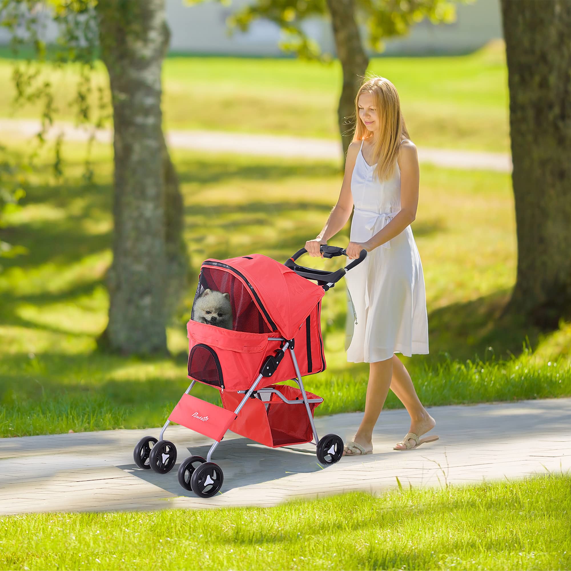 PawHut Carrito para Perros Plegable Cochecito para Mascotas Carrito para Perros Pequeños con Toldo Ajustable Cesta de Almacenaje 2 Ruedas Universales Carga 15 kg 77x45x99,5 cm Rojo