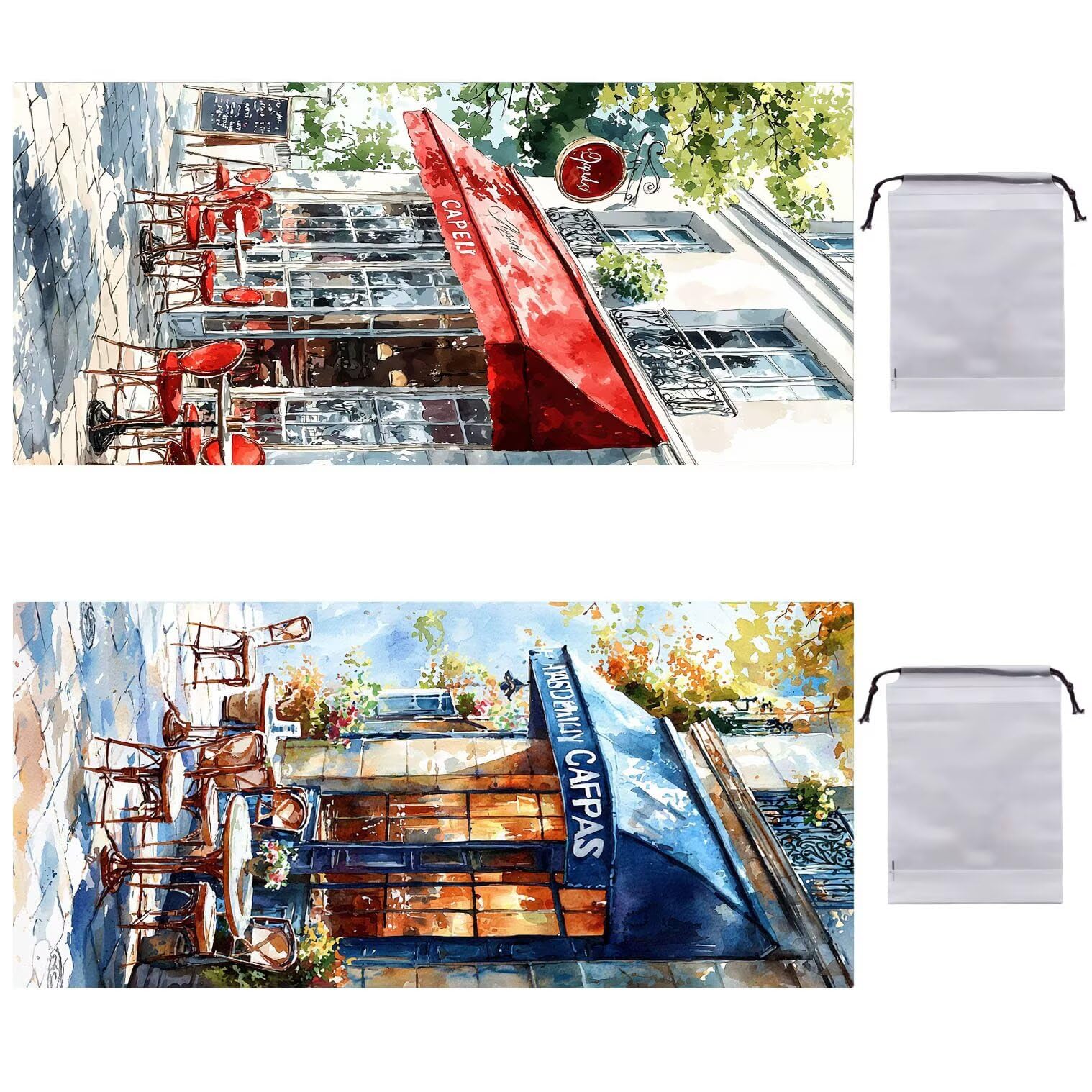 Strandtuch XXL 2er Set 80 x 160 cm, Groß Schnelltrocknendes Mikrofaser Handtuch, Sandfrei Badetuch, Summer Must Haves, für Damen Herren Reise Urlaub Schwimmen Sauna, mit Tasche (Cafés) B-546