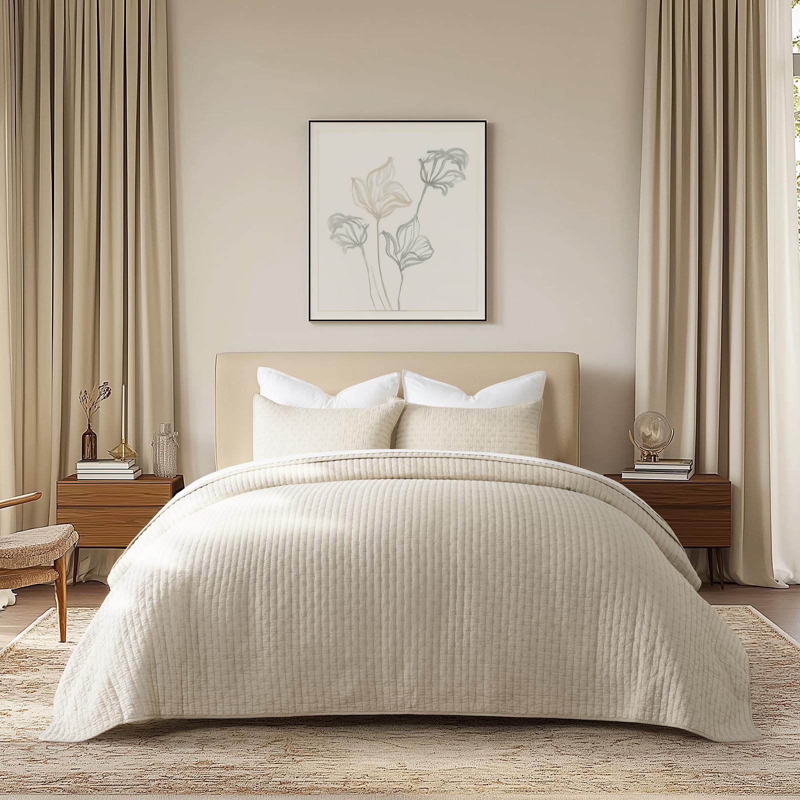 EVERGRACE x Kinsey Walsh Cross Stitch Pre-Washed Cotton Quilt Bedding Set Queen Size, Oversized 3 Pieces Lightweight Bedspread Coverlet for All Season, with 2 Matching Shams, Flax Beige, 92"x96"