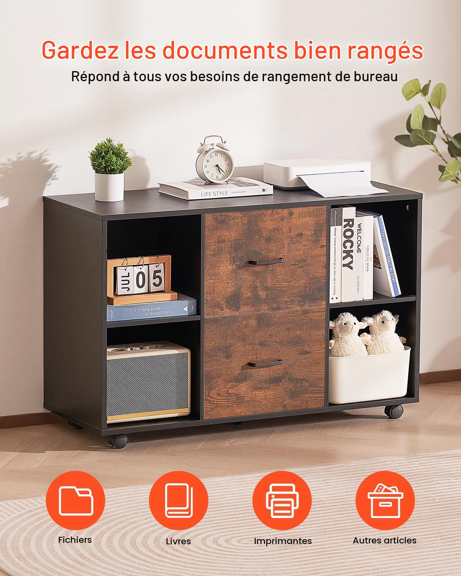 VEVOR Classeur Dossier Mobile en Bois, Meuble de Rangement de Bureau à 2 Tiroirs avec Étagères Ouvertes et roulettes Verrouillables, Support d'Imprimante Autonome pour Maison Bureau École, Noir