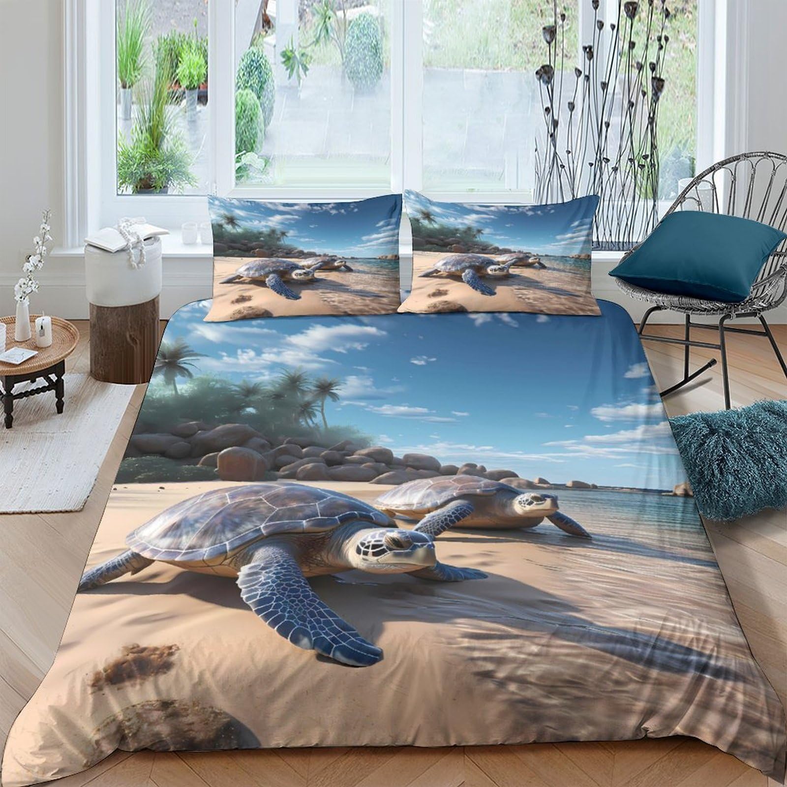 Ctjqhvkz Style-2 3D Printed Sea Turtle Beach Fitted Sheet Microfiber Soft Sand Ocean Mattress Cover For Bedroom Guest Room Decor Single（135X200cm）