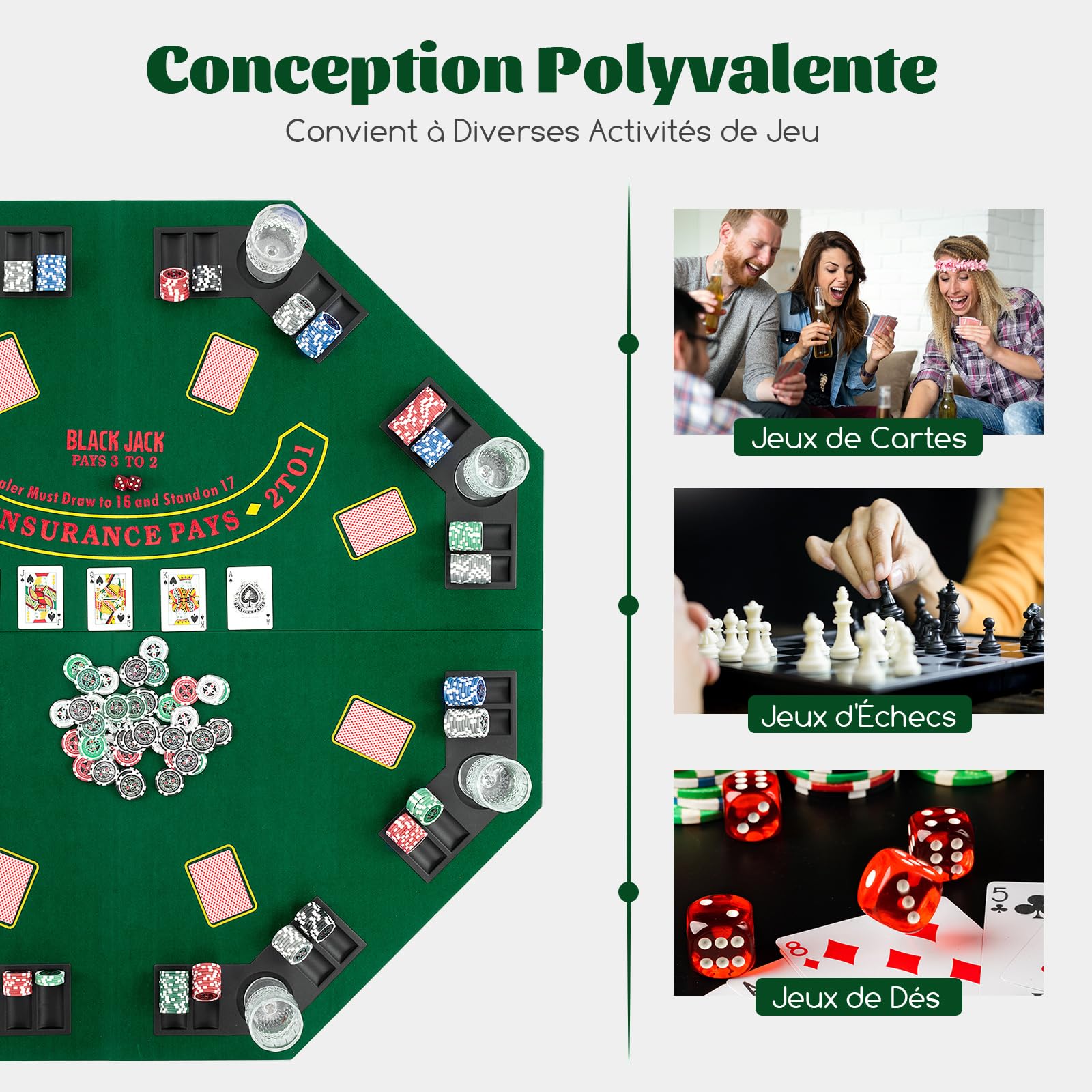 COSTWAY Plateau de Poker Pliable 120x120cm Octogonal pour 8 Joueurs, Tapis de Table de Poker avec Porte-Gobelets & Plateaux à Jetons, Sac de Transport, Support de Poker pour Casino