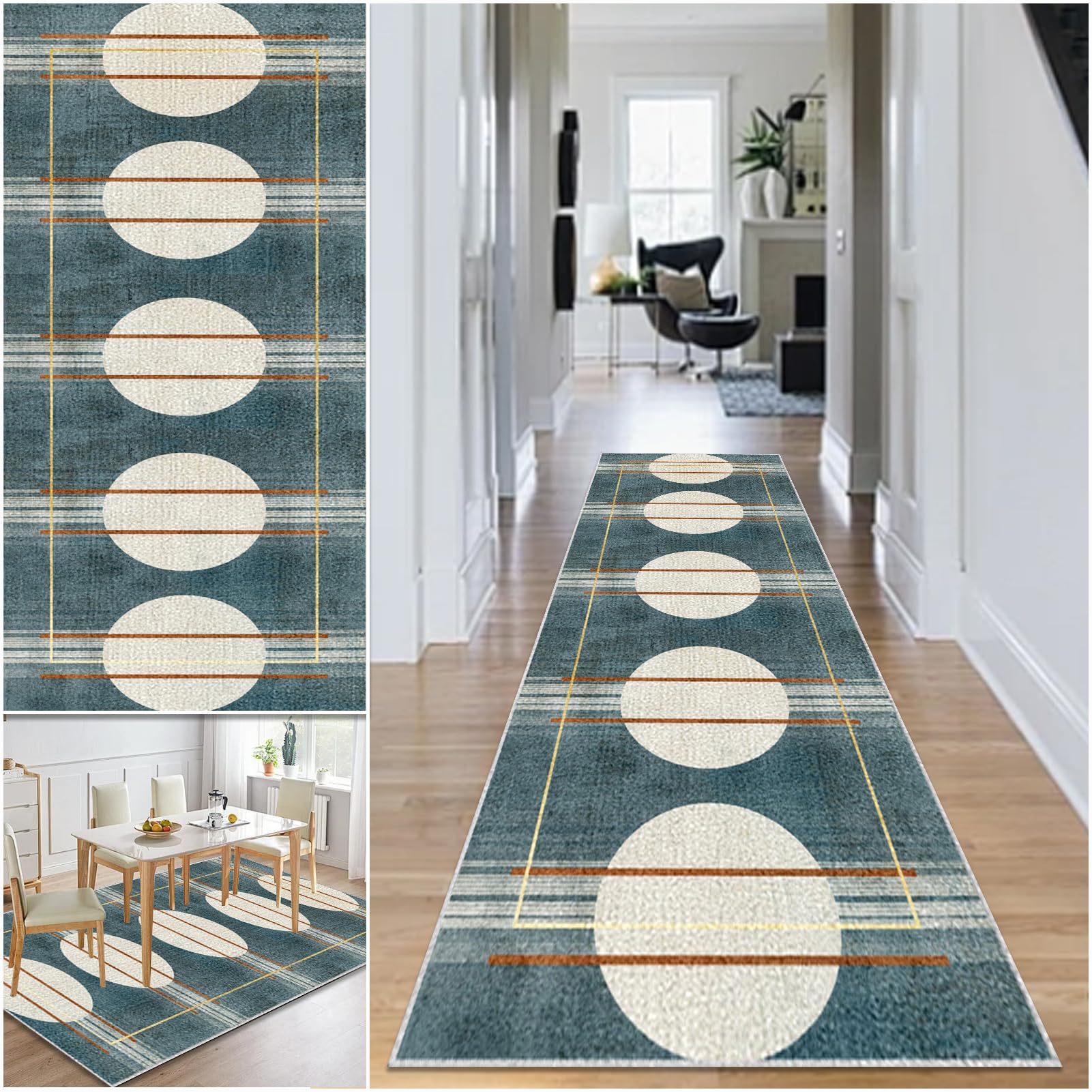 Tappeto Runner Antiscivolo Lavabile Per Corridoio – 65x130 Cm, Pelo Corto 10 Mm, Retro TPR, Design Geometrico Moderno