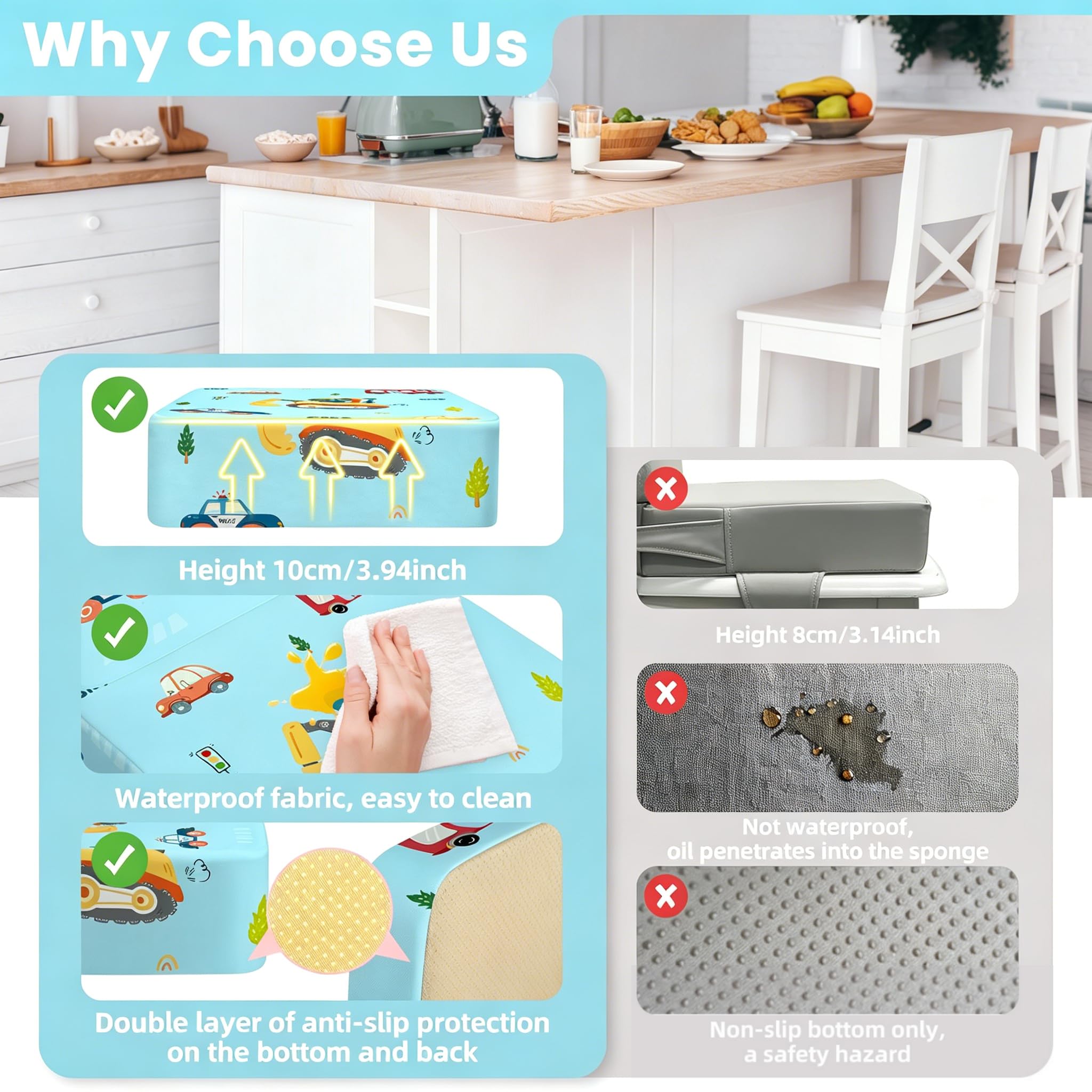 Rehausseur Chaise Enfant avec Dossier et Sangles de Sécurité Réglables en 3 points, Portable Lavable Antidérapant Coussin Rehausseur De Chaise Bebe Enfant - Excavatrice