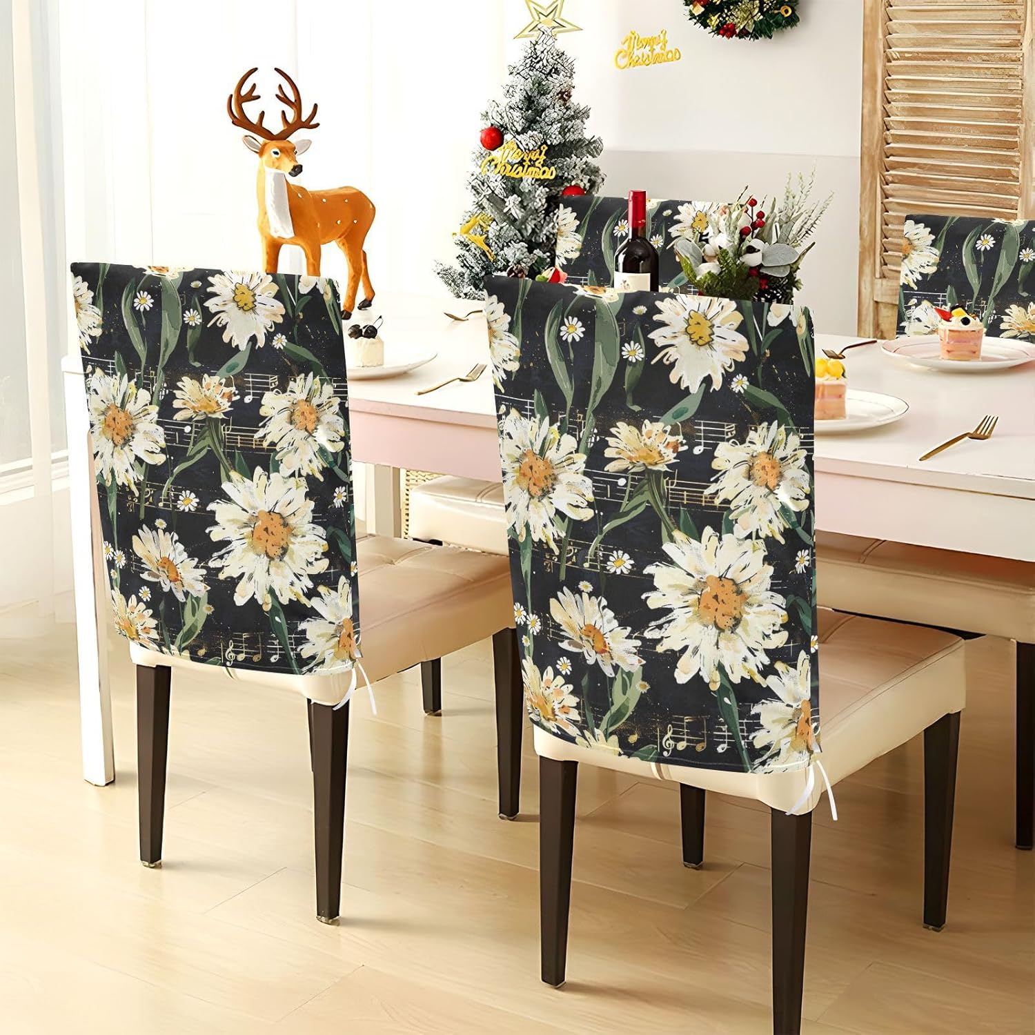 ALAZA Daisy Flowers Music Notes Black Chair Back Cover Set of 6, Washable Reusable Removable Chair Slipcovers Decorative Chair Cover for Home Kitchen Wedding Party