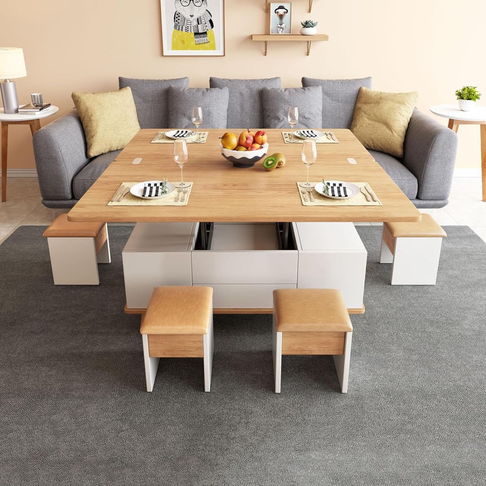 TVSKWMRQ Mesa de Centro Multifuncional 3 en 1, Mesa Auxiliar Extensible y elevable, con 4 taburetes y Compartimento de Almacenamiento Oculto, para Espacios pequeños