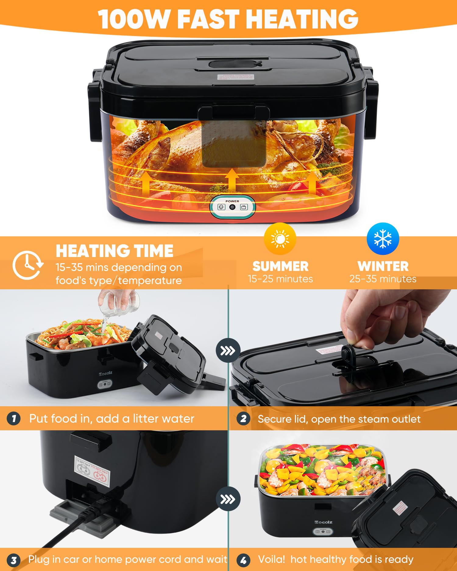 Eocolz Lonchera eléctrica de 100 W, calentador de alimentos con doble contenedor de 1,8 L, portátil, para coche, camión, trabajo, tenedor y cuchara de acero inoxidable, 12/24/110 V, para adultos