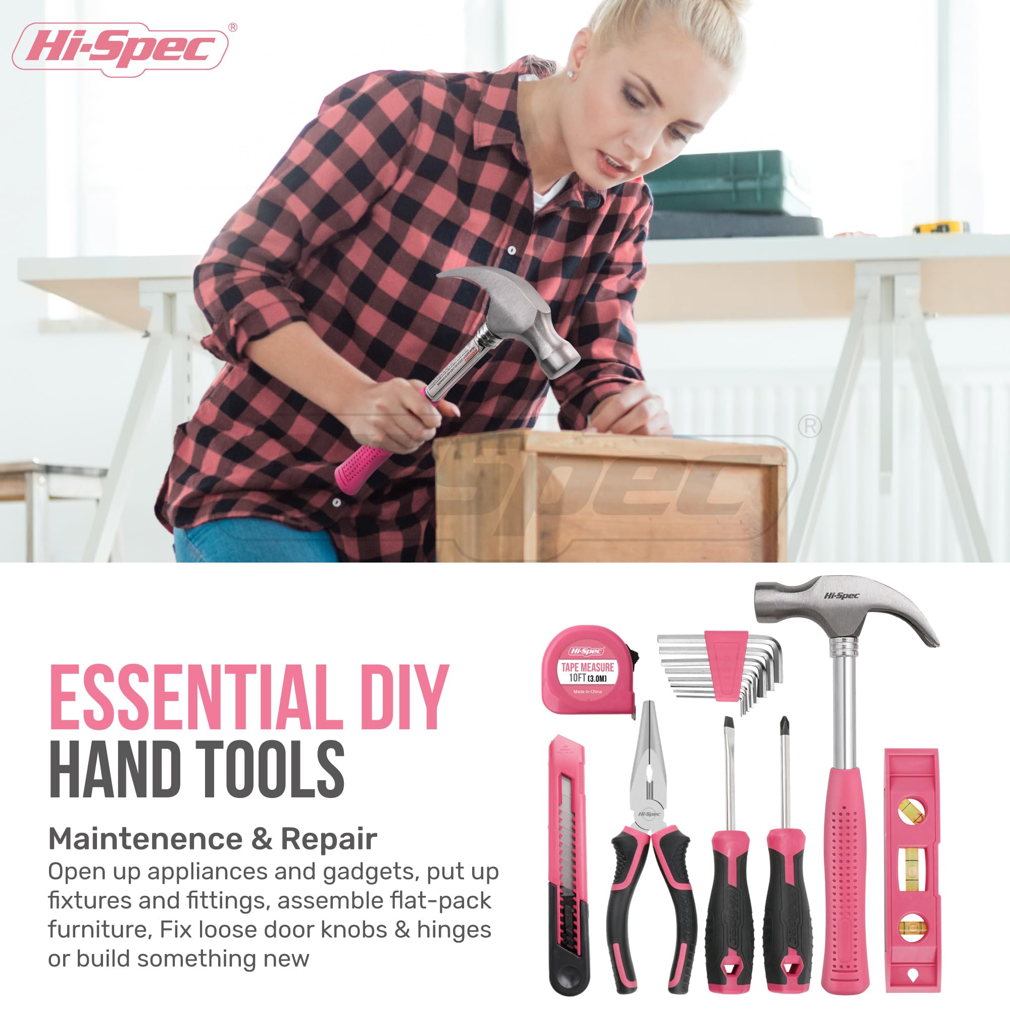 Hi-Spec Perceuse Visseuse devisseuse sans Fil 8V Rose 58pc Boite a Outils Complete avec Outils de Bricolage - Embouts, Forets, Marteau, Tournevis et Plus - Travaux, Entretien et Réparations à Domicile