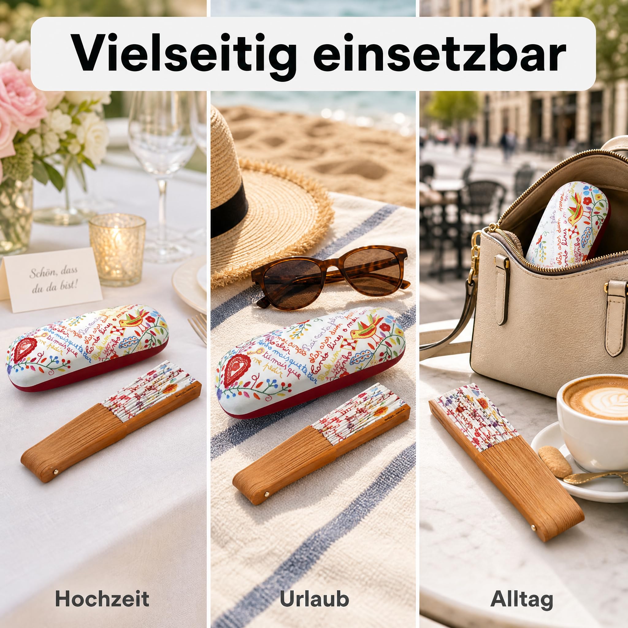 Handfächer & Brillenetui Set, Blumenmuster, Geschenkset Frauen | Faltbarer Handfächer mit Holzgestell und passendes Hartschalen-Brillenetui im Folk-Art-Design – als Muttertagsgeschenk