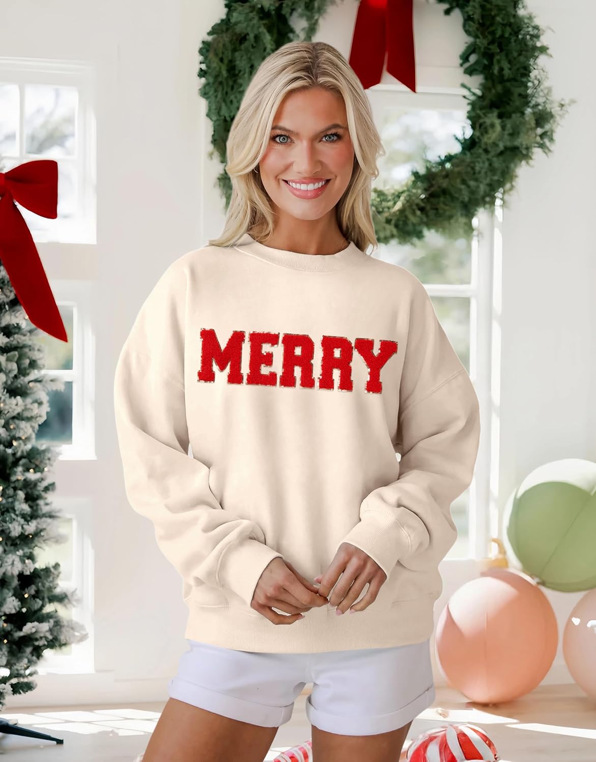 MAPICK Merry Sweatshirt for Women Christmas Fleece Linend Sequin Sweaters Crewneck Oversized Long Sleeve Pullover Tops - Image 3