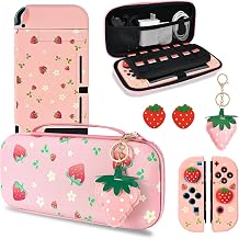 DLseego Storage Carrying Case for Nintendo Switch Accessories Set, 12 Game Card Slots Cute Protective,1 Soft TPU Case, 1PCS Decorative Pendant, 2 Thumb Grips, Slim & Portable, Strawberry - Pink 2