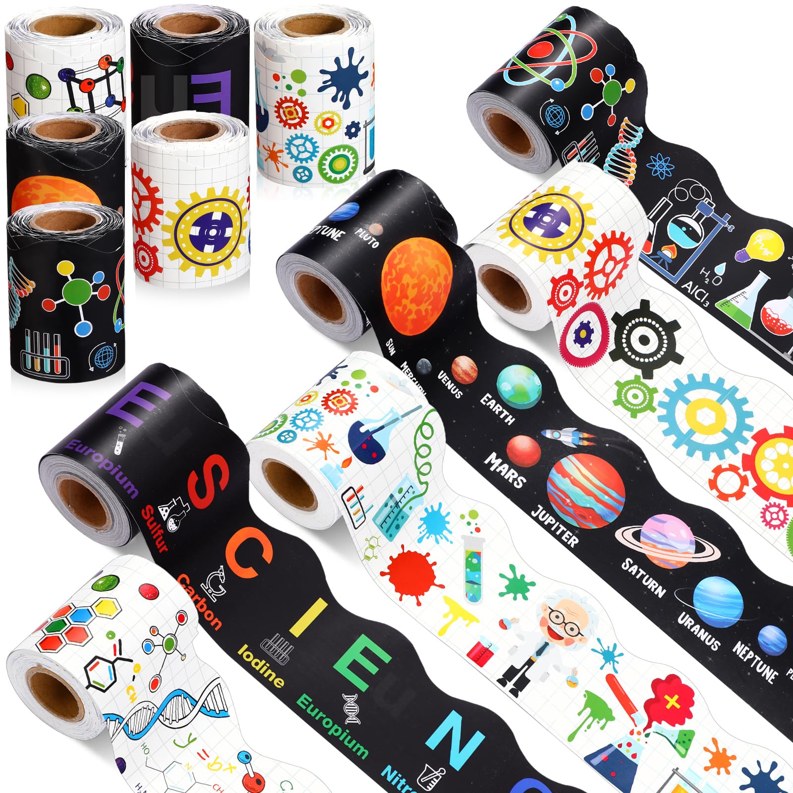 Tenceur 160ft Science Borders for Bulletin Board, Science Lab Classroom Decoration, 6 Rolls Planet Bulletin Board Border Rolls Scalloped Trims for